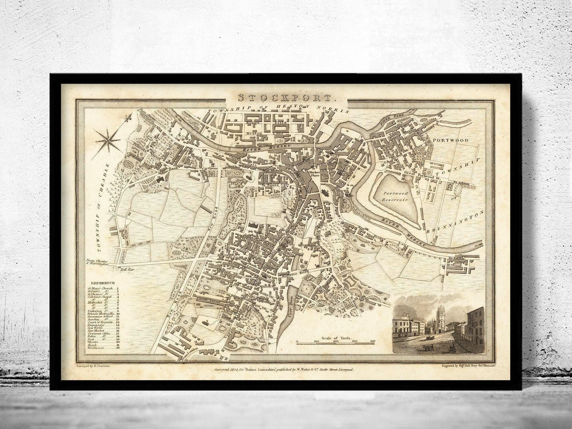Old Map of Stockport Manchester 1824 Vintage Map | Vintage Map Wall Art Print