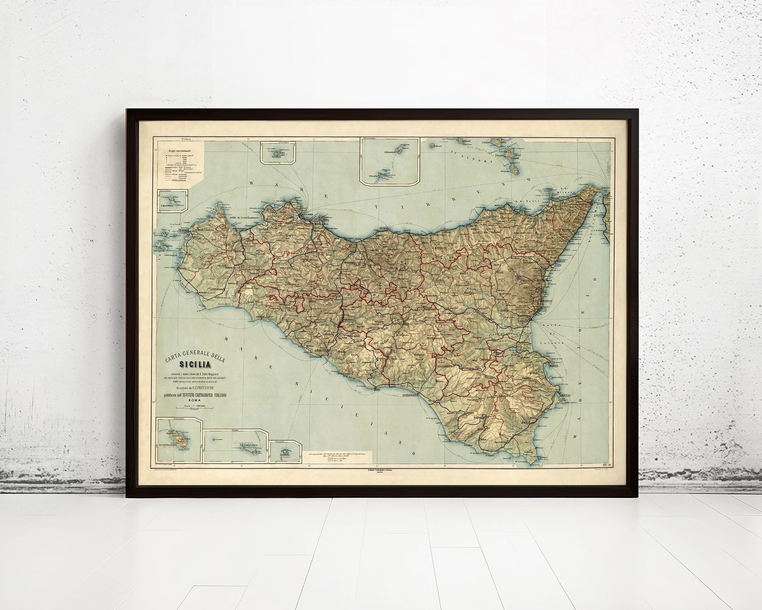 Old Map of Sicily Sicilia Italy 1891 Vintage Map | Vintage Map Wall Art Print