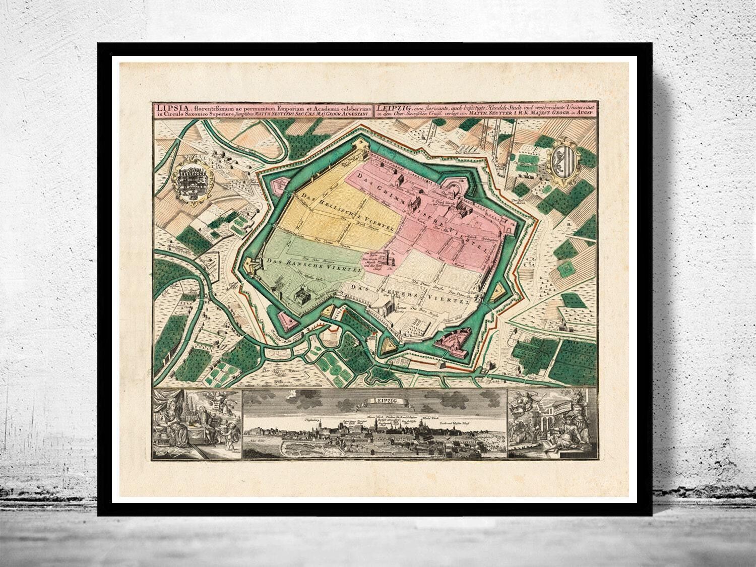 Old Map of Leipzig with gravures , Germany Deutshland 1735 | Vintage Map Wall Art Print
