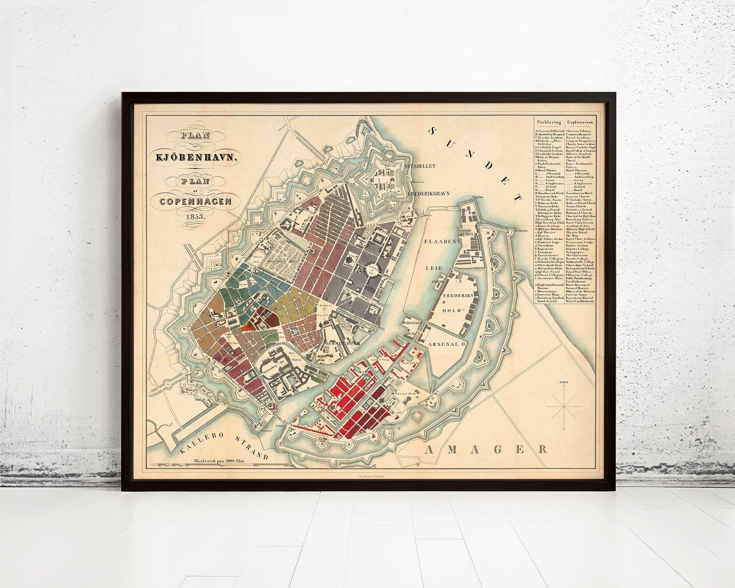 Carte ancienne de Copenhague, Danemark, 1853 | Impression murale vintage