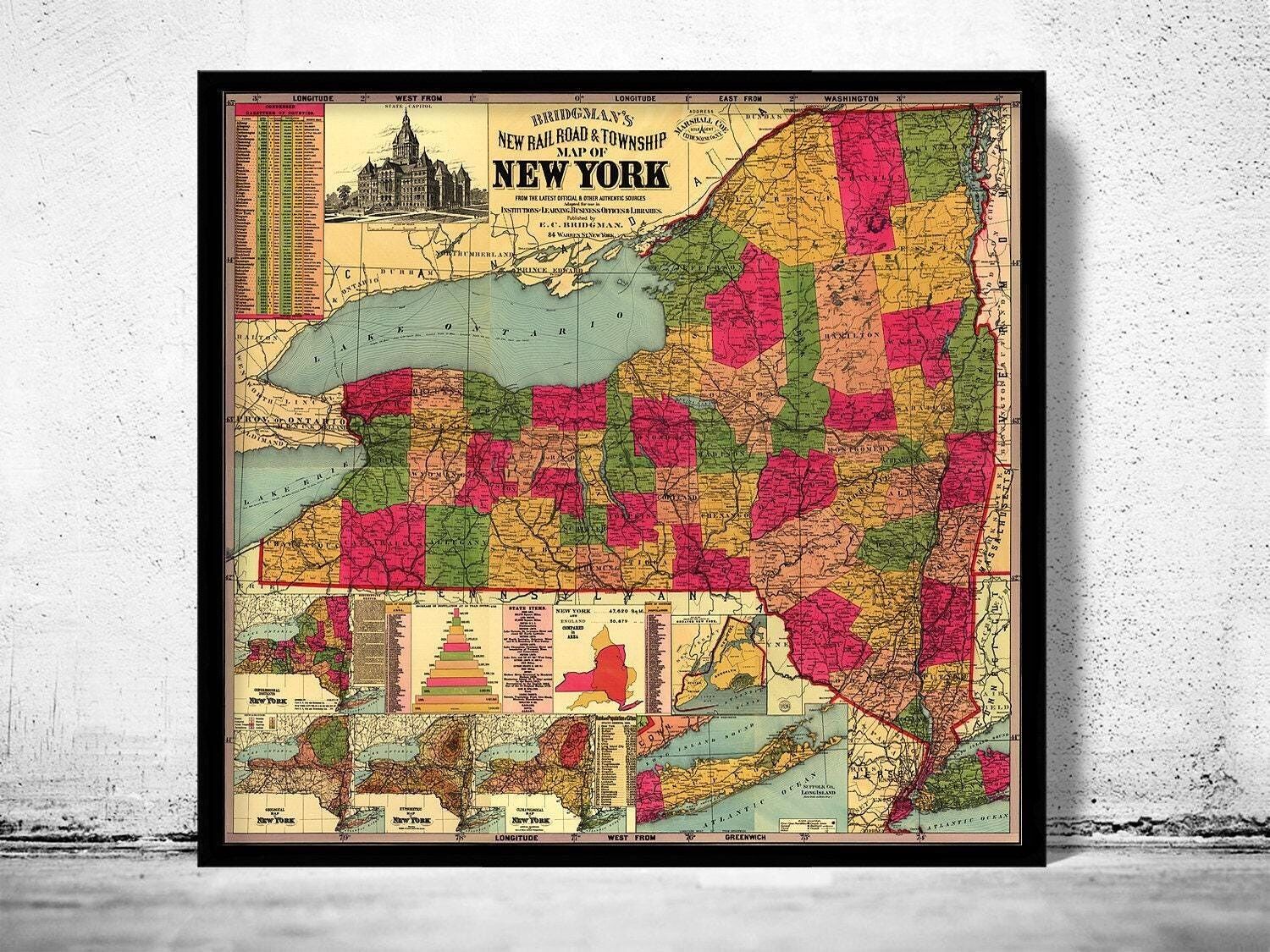 Old Map of New York State 1896  | Vintage Map Wall Art Print