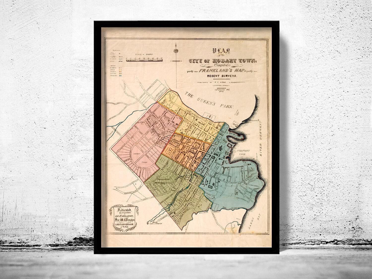 Old map of Hobart Australia 1854 Vintage Map | Vintage Map Wall Art Print