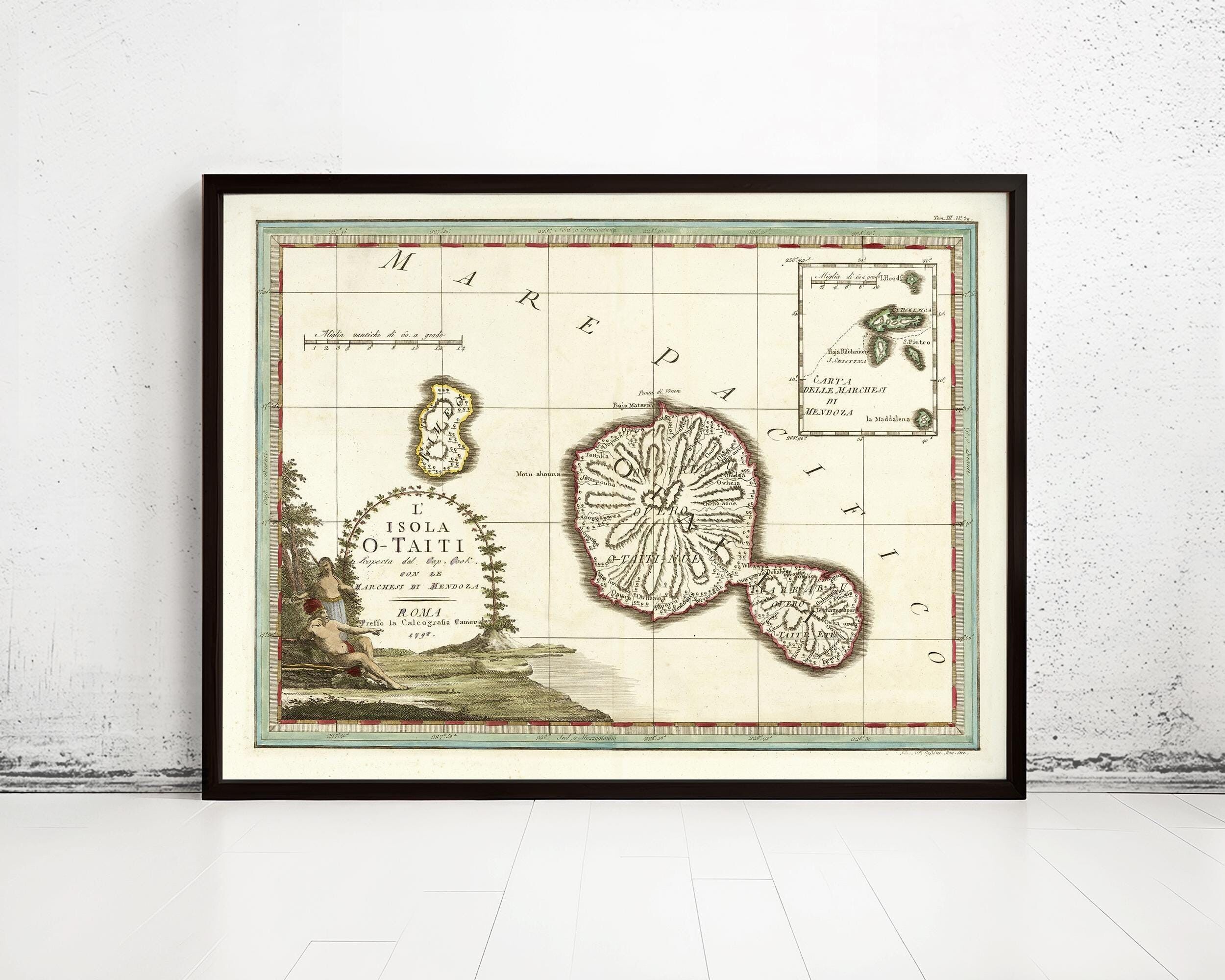 Old Tahiti French Polynesia Map 1798 Vintage Map | Vintage Map Wall Art Print