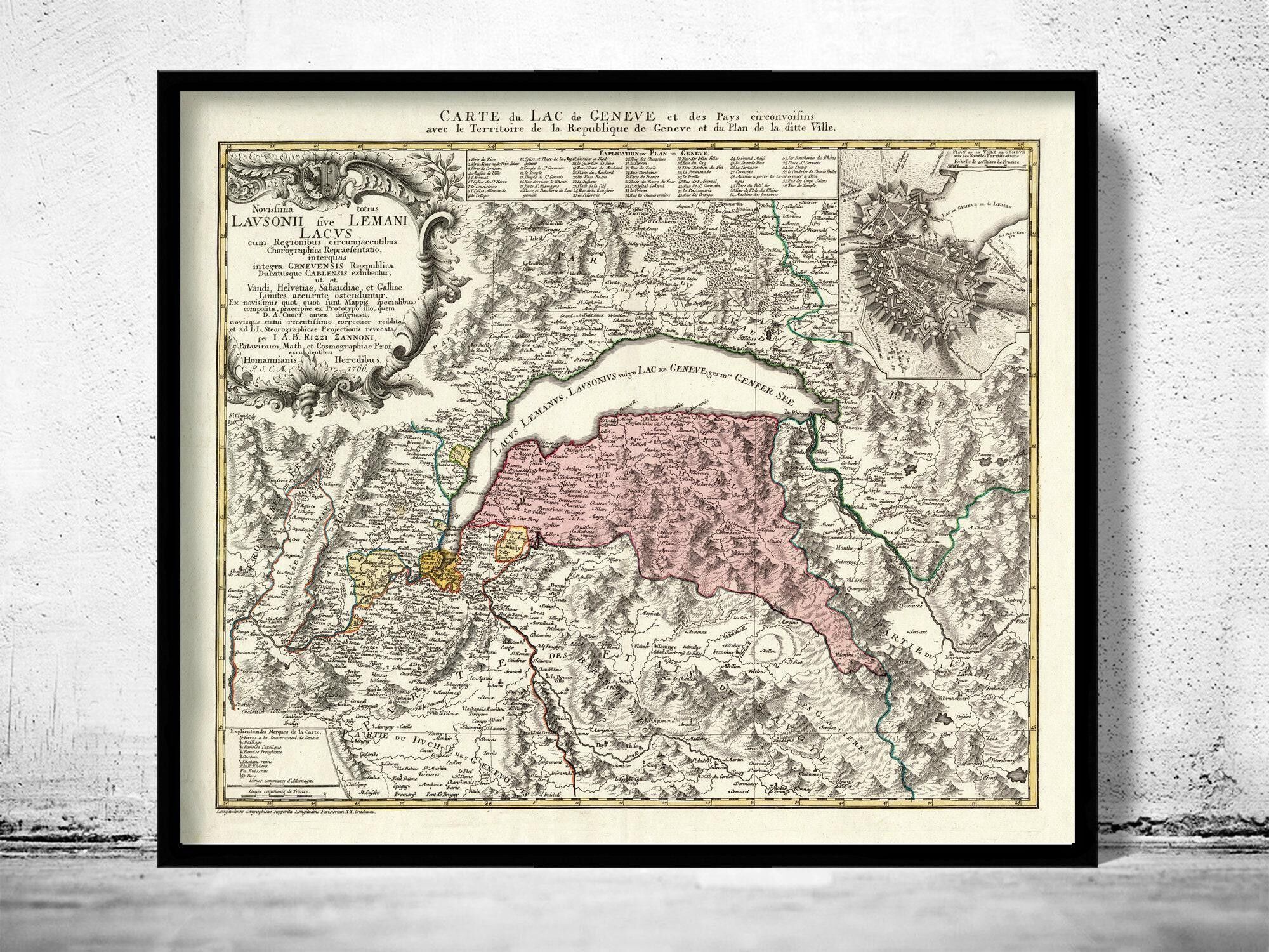 Old Map of Lake Geneva Lac Léman 1766  | Vintage Map Wall Art Print