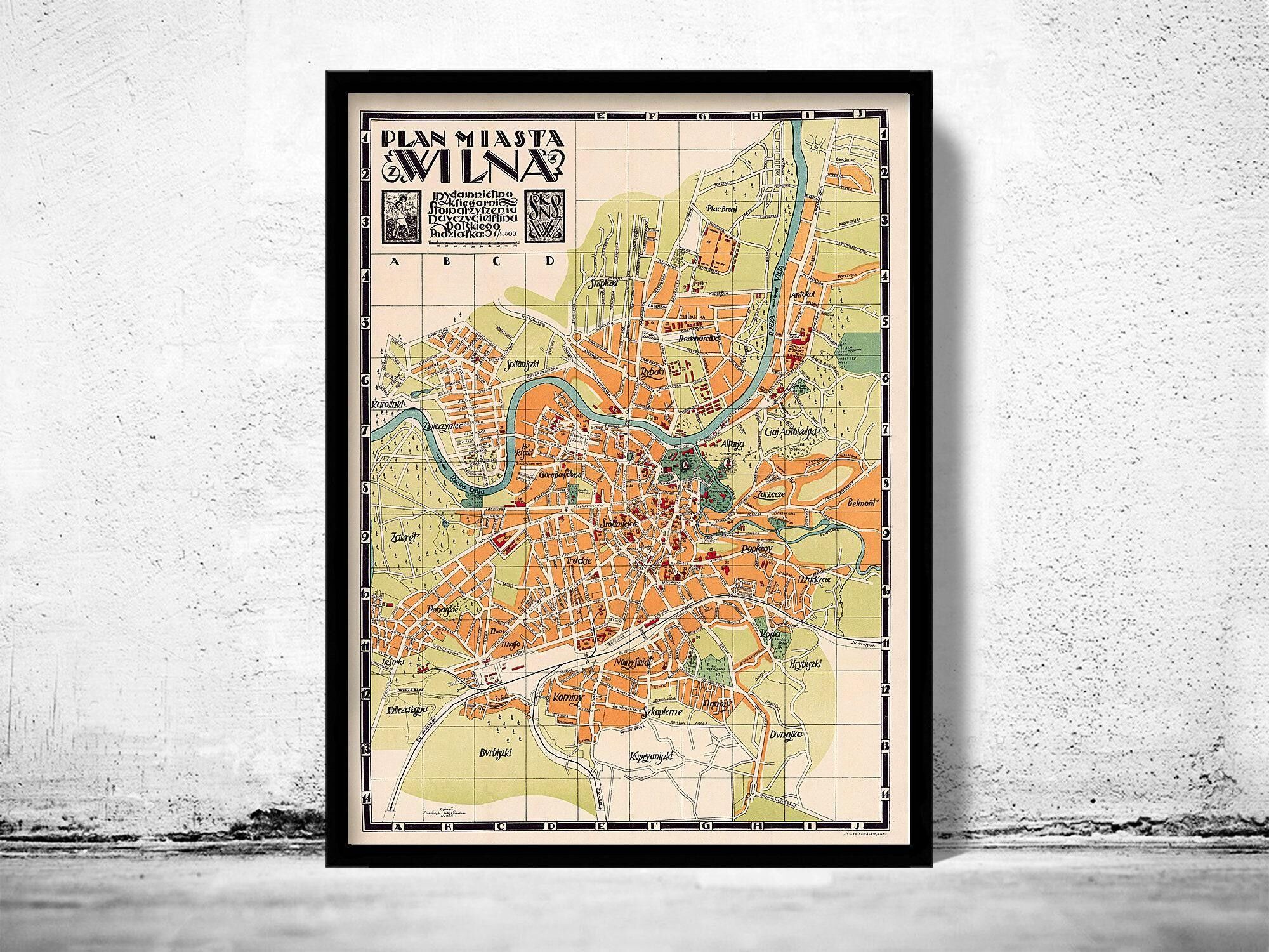 Old Map of Vilnius Lithuania 1930 Vintage Map  | Vintage Map Wall Art Print