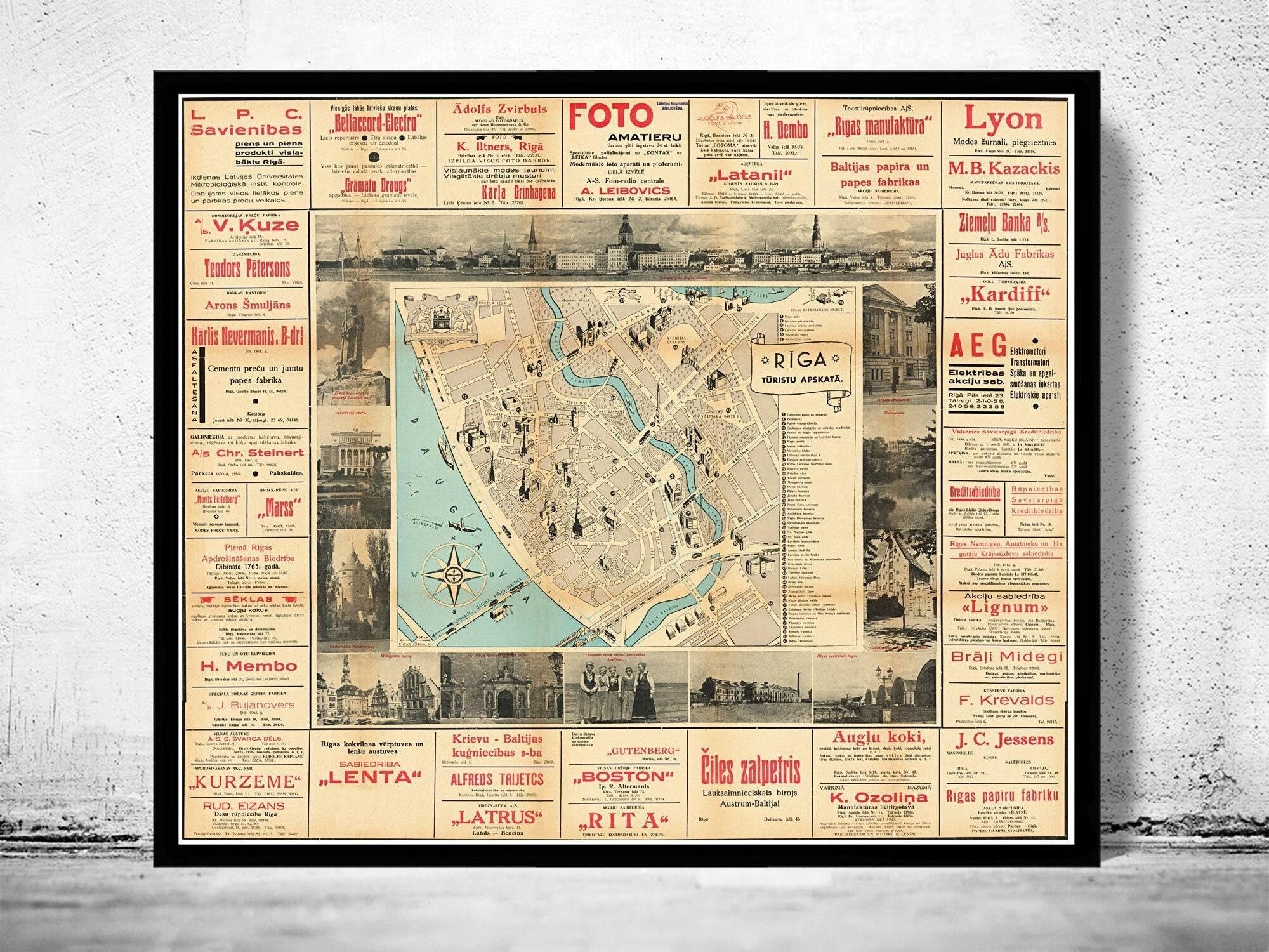 Old Map of Riga Latvia 1935 Vintage Map  | Vintage Map Wall Art Print