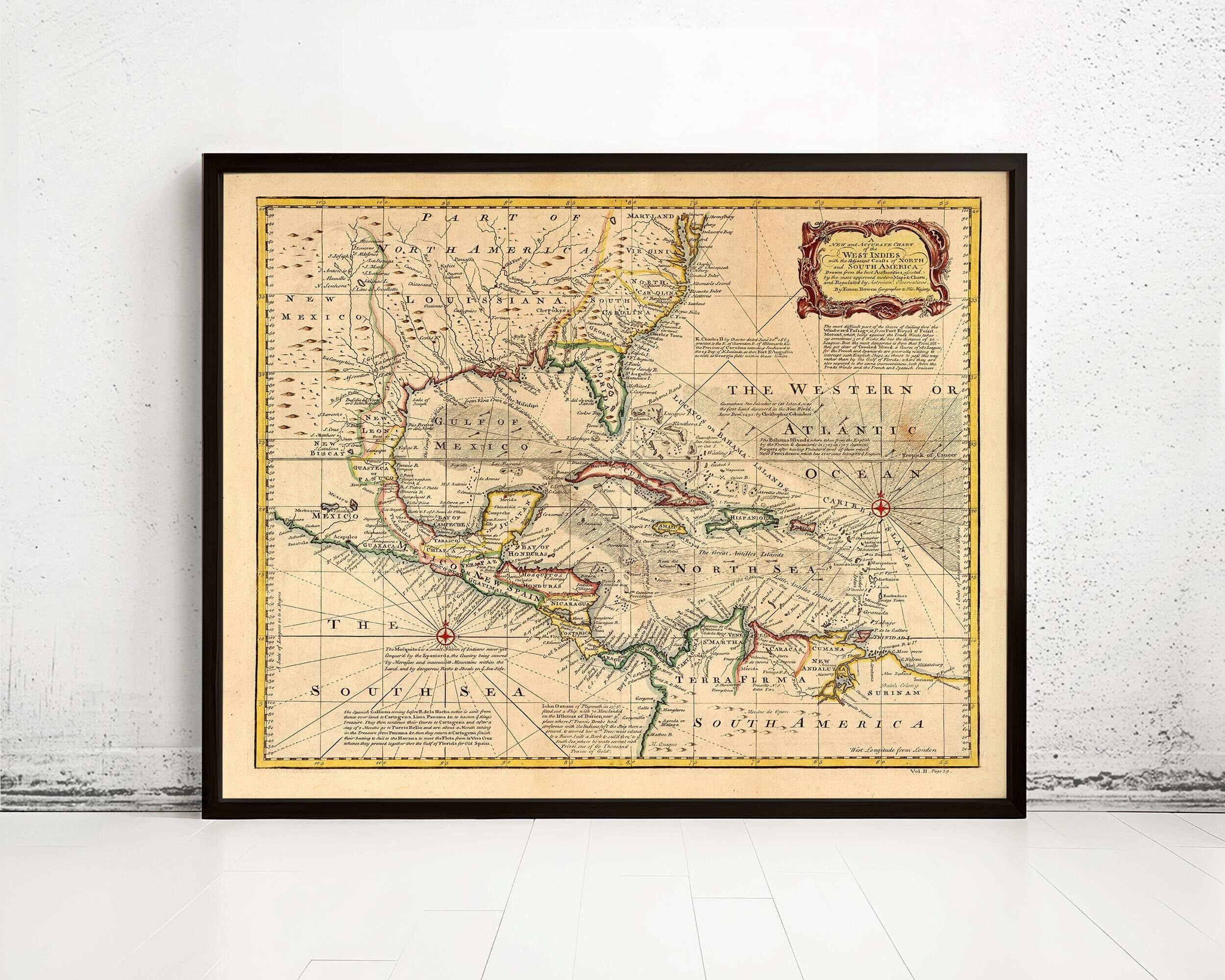 Old Map of Caribbean Area Antillas 1720 Vintage Map | Vintage Map Wall Art Print