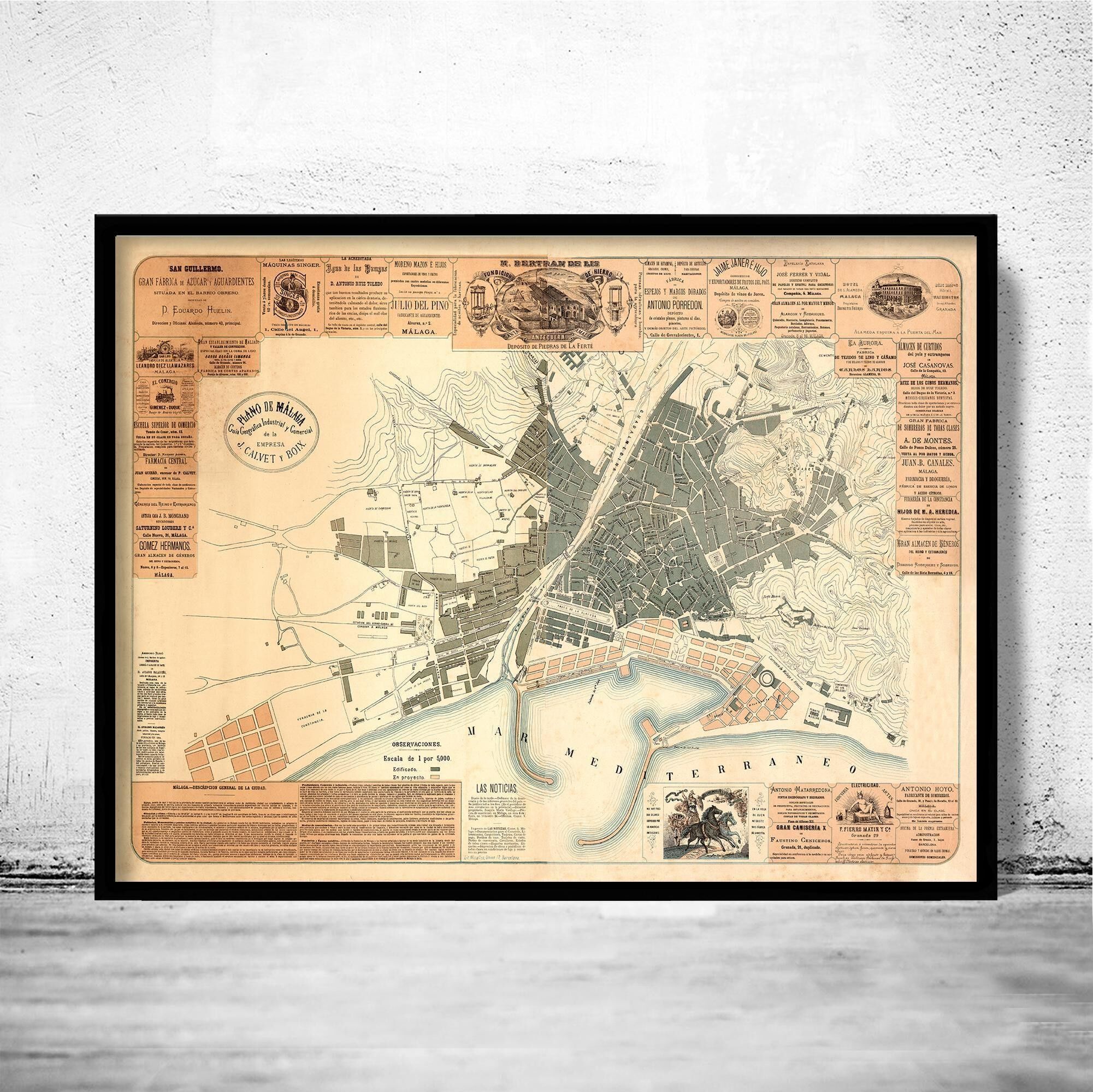Old Map of Malaga Spain 1883 Vintage map | Vintage Map Wall Art Print