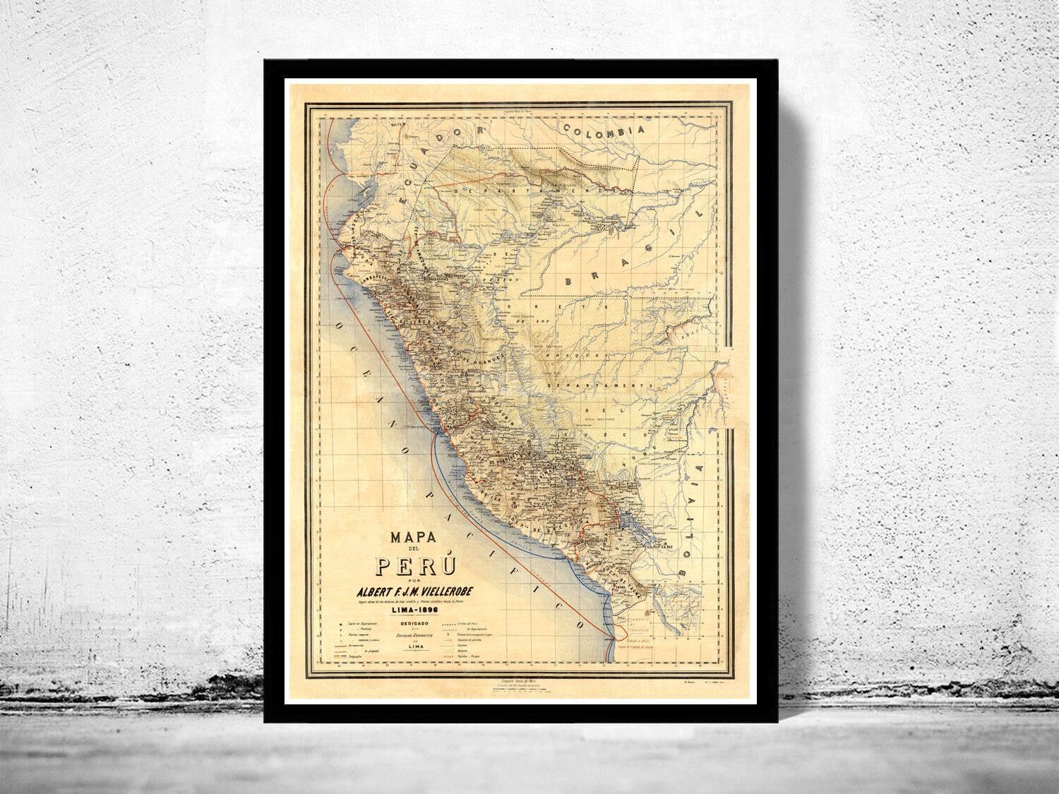 Old map of Peru 1896 Vintage Map | Vintage Map Wall Art Print