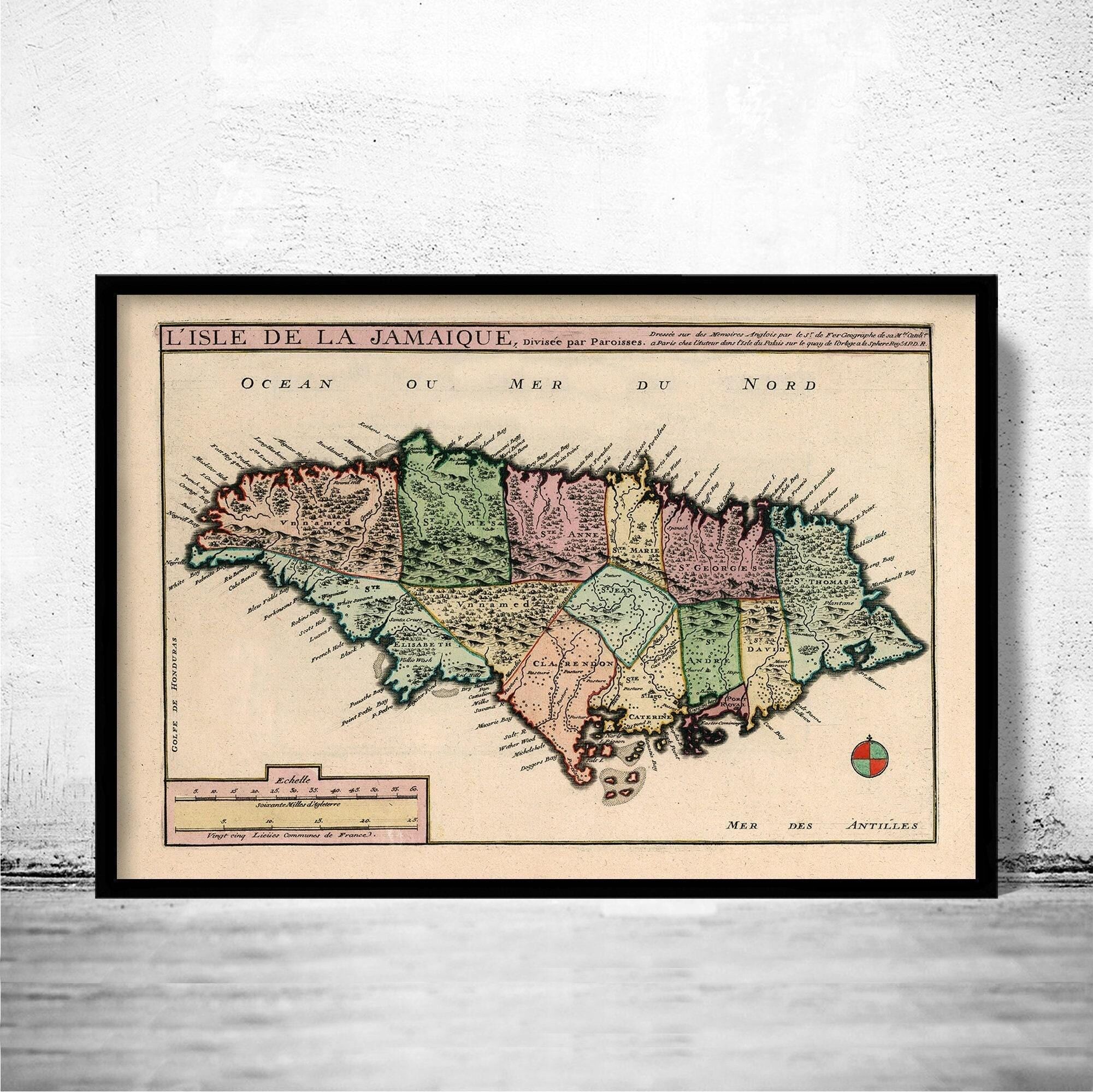 Old Map of Jamaica 1705 Vintage Map of Jamaica | Vintage Map Wall Art Print
