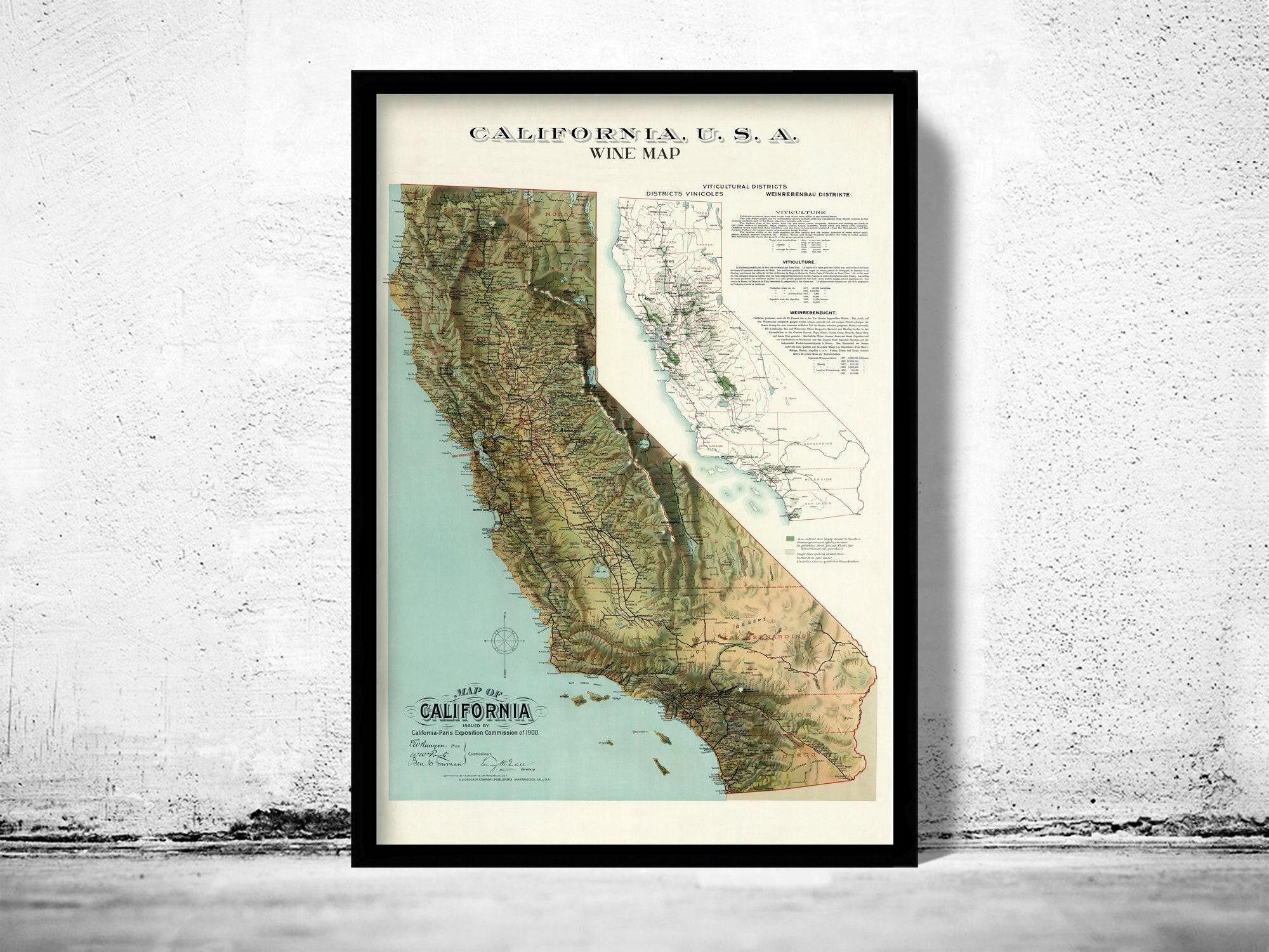 Old Map of California Wine Map 1900 Vintage Map  | Vintage Map Wall Art Print