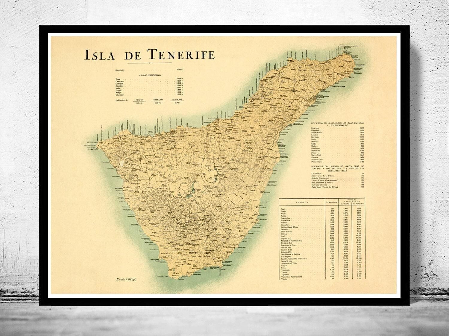 Old Map of Tenerife Canary Islands 1910 Vintage Map  | Vintage Map Wall Art Print