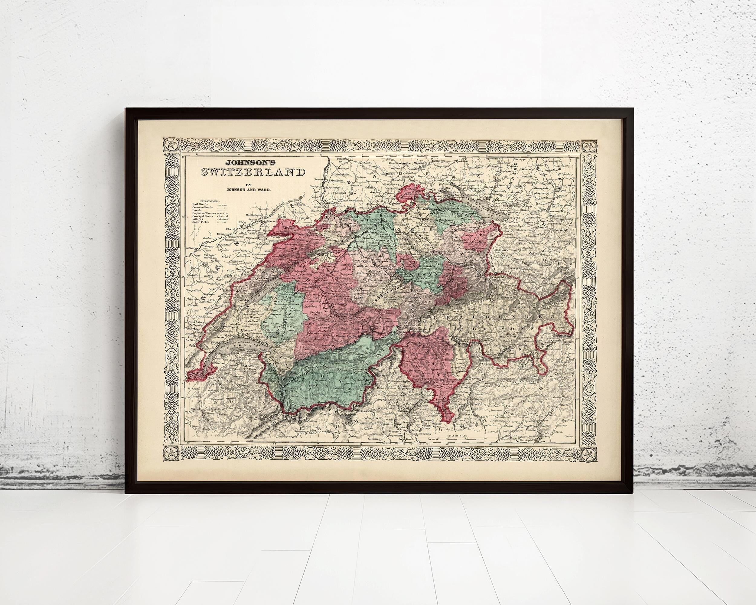 Old Map of Switzerland Antique Schweiz 1865 | Vintage Map Wall Art Print