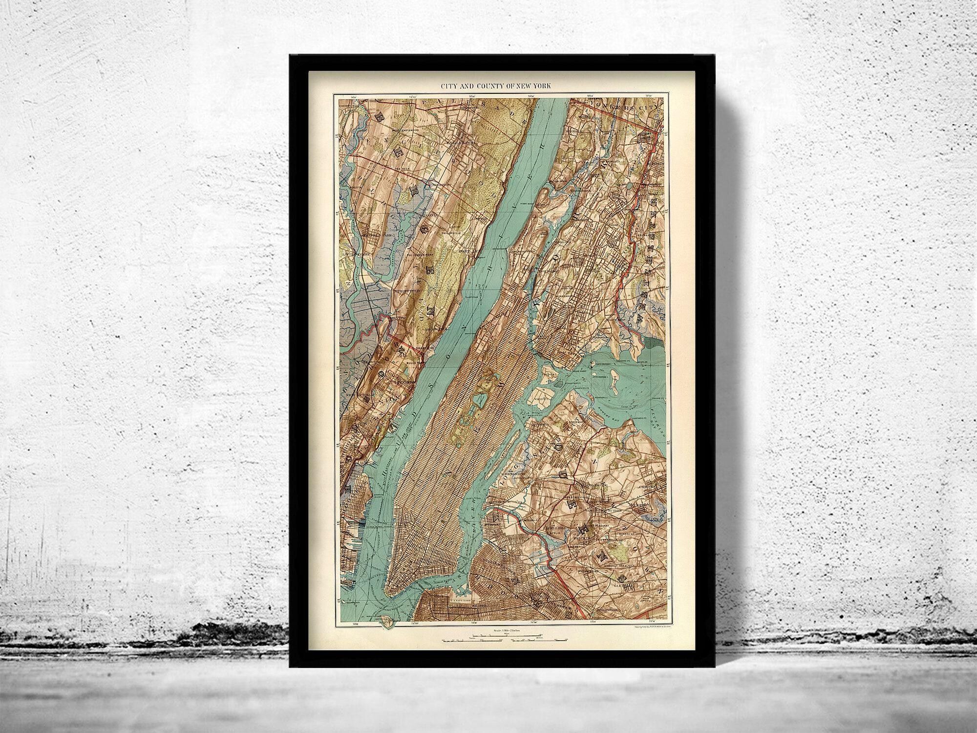 Old Map of New York and Manhattan Bronx Brooklyn 1891 Vintage Map| Vintage Map Wall Art Print
