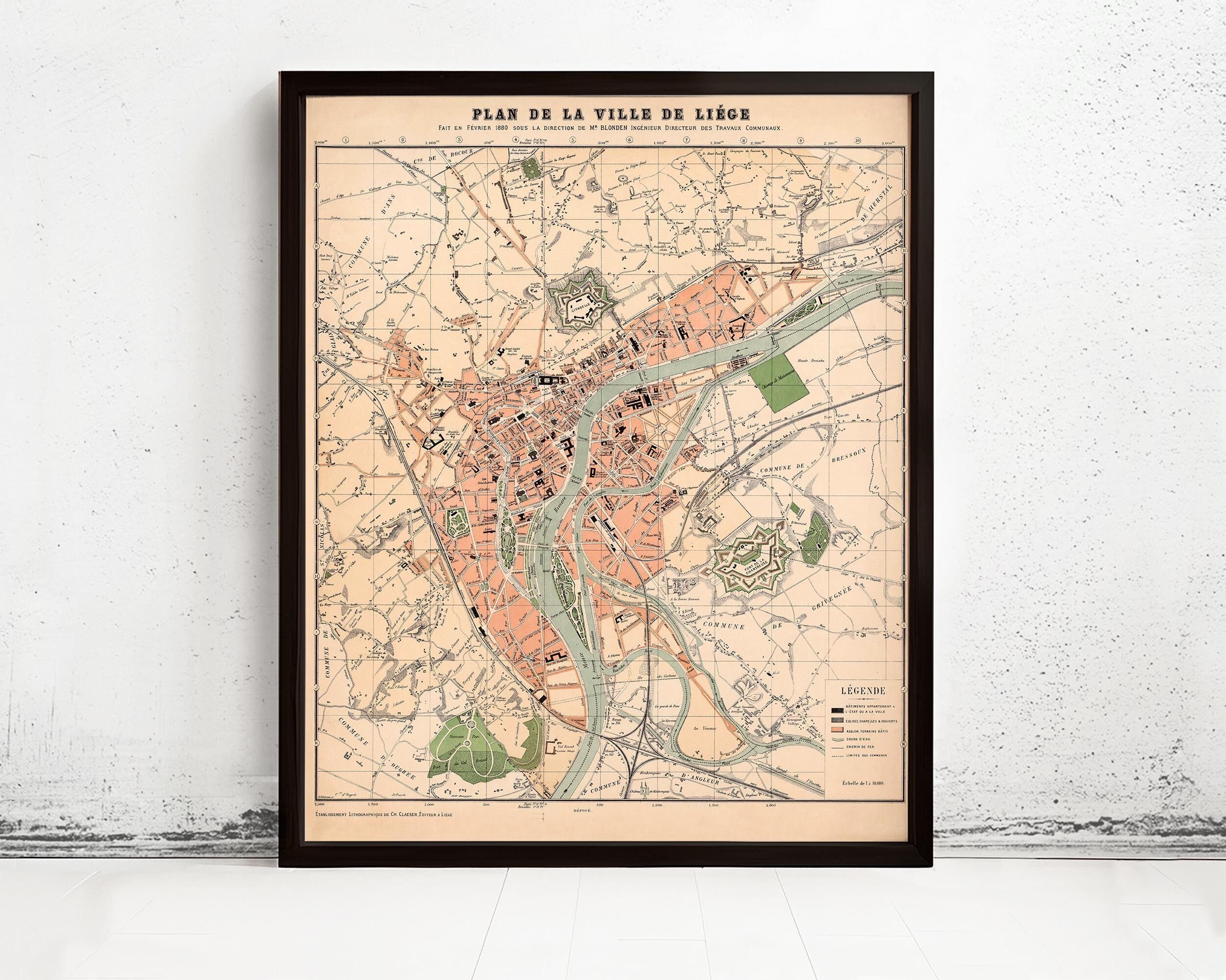 Old Map of Liège Belgium 1880 Vintage Map | Vintage Map Wall Art Print