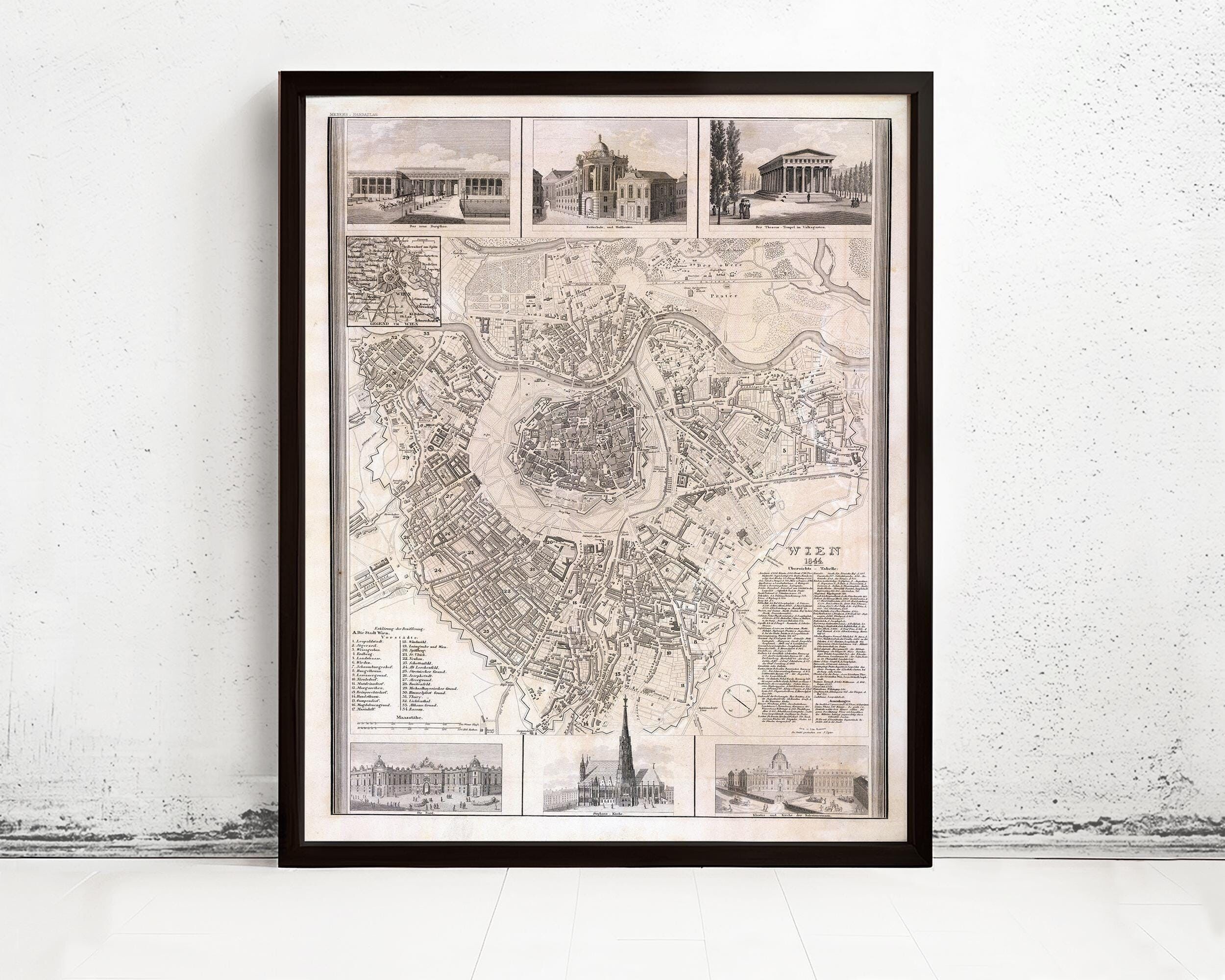 Old Map of Vienna Wien with gravures Austria 1844 Vintage Map | Vintage Map Wall Art Print