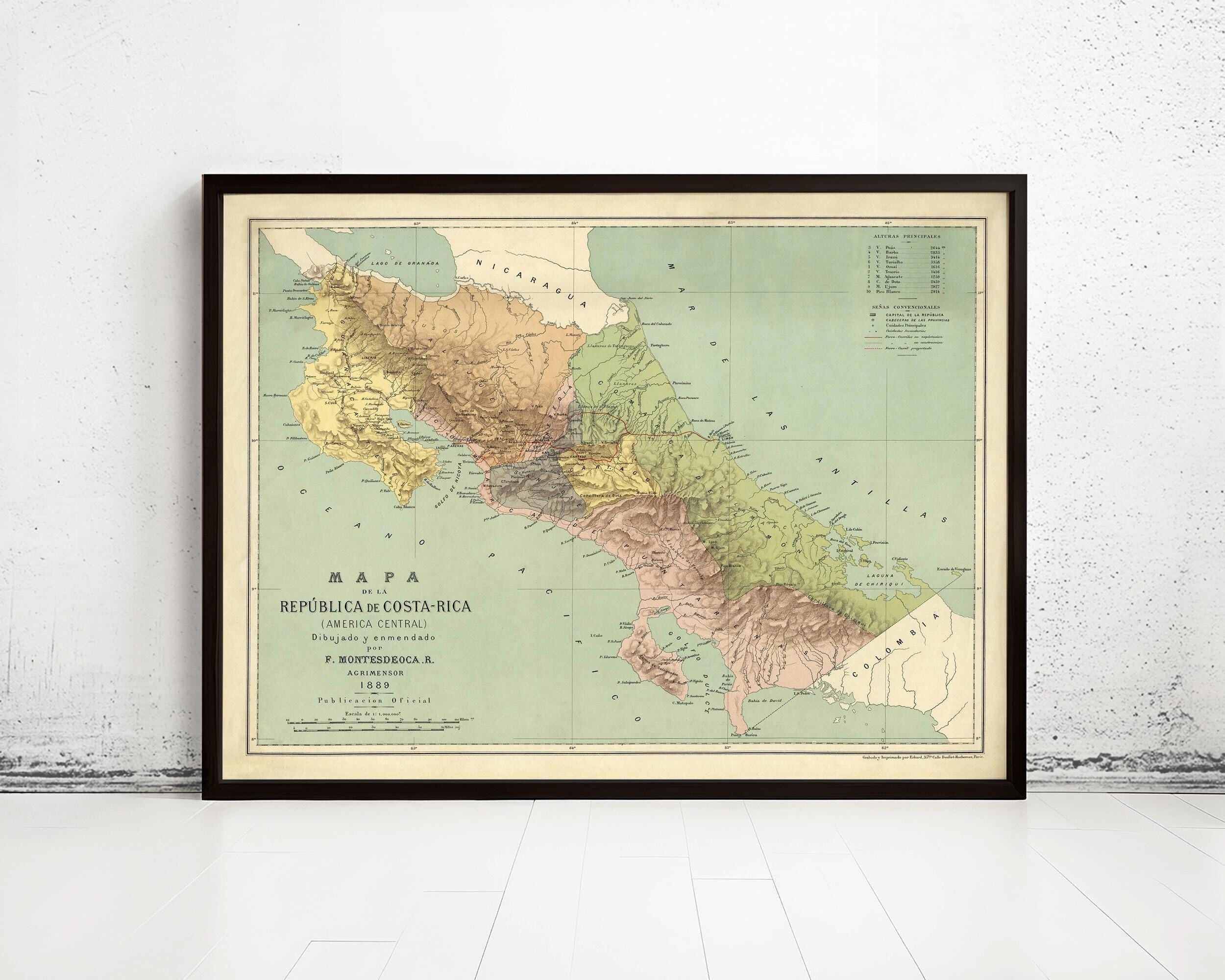 Old Map of Costa Rica 1889 Vintage Map | Vintage Map Wall Art Print