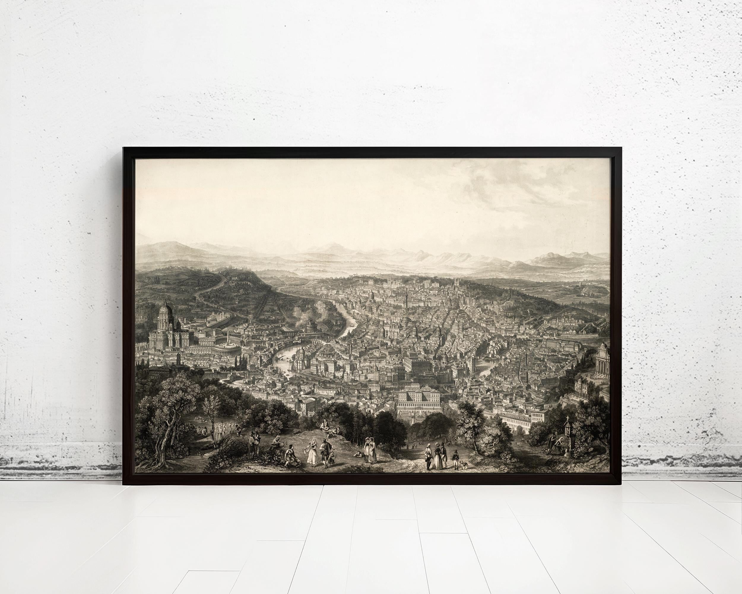 Old Panoramic View of Rome City Engraving Italy 1860 Vatican | Vintage Map Wall Art Print