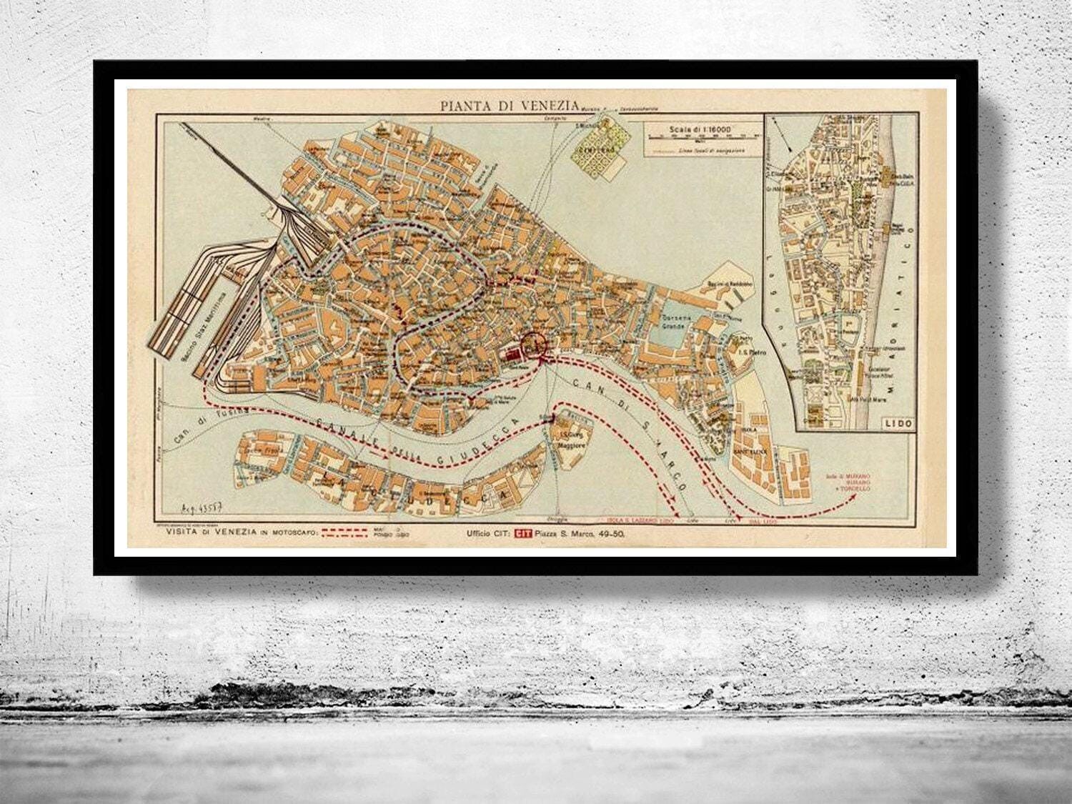 Vintage Old Map of Venice Venetia Venezia , Italy 1928  | Vintage Map Wall Art Print