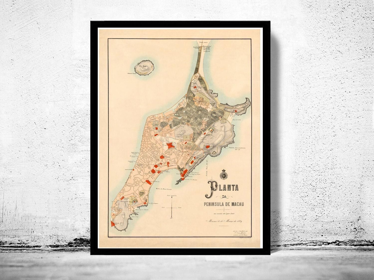Old Map of Macau 1889 Macao China Vintage Map | Vintage Map Wall Art Print