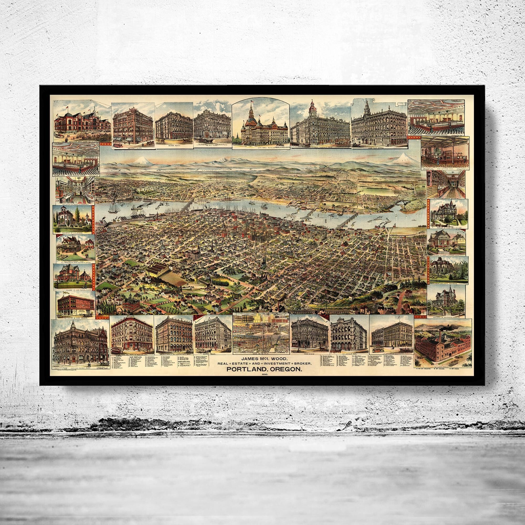 Old Map Portland Oregon 1892 Panoramic View Vintage | Vintage Map Wall Art Print