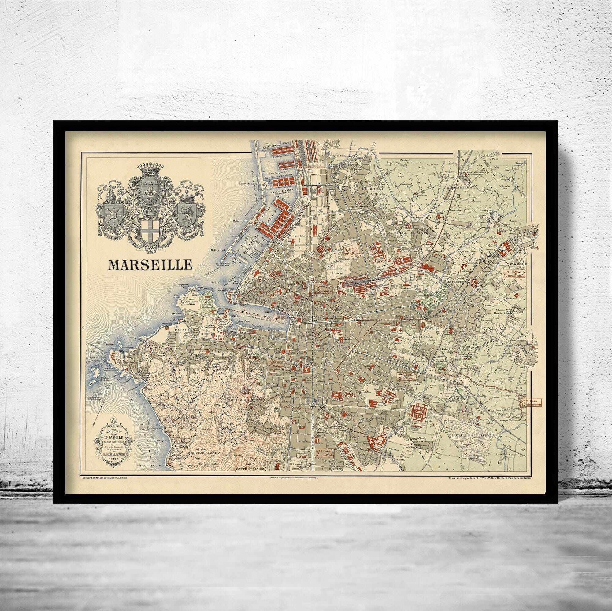 Old Map of Marseille France 1894 Vintage Map | Vintage Map Wall Art Print