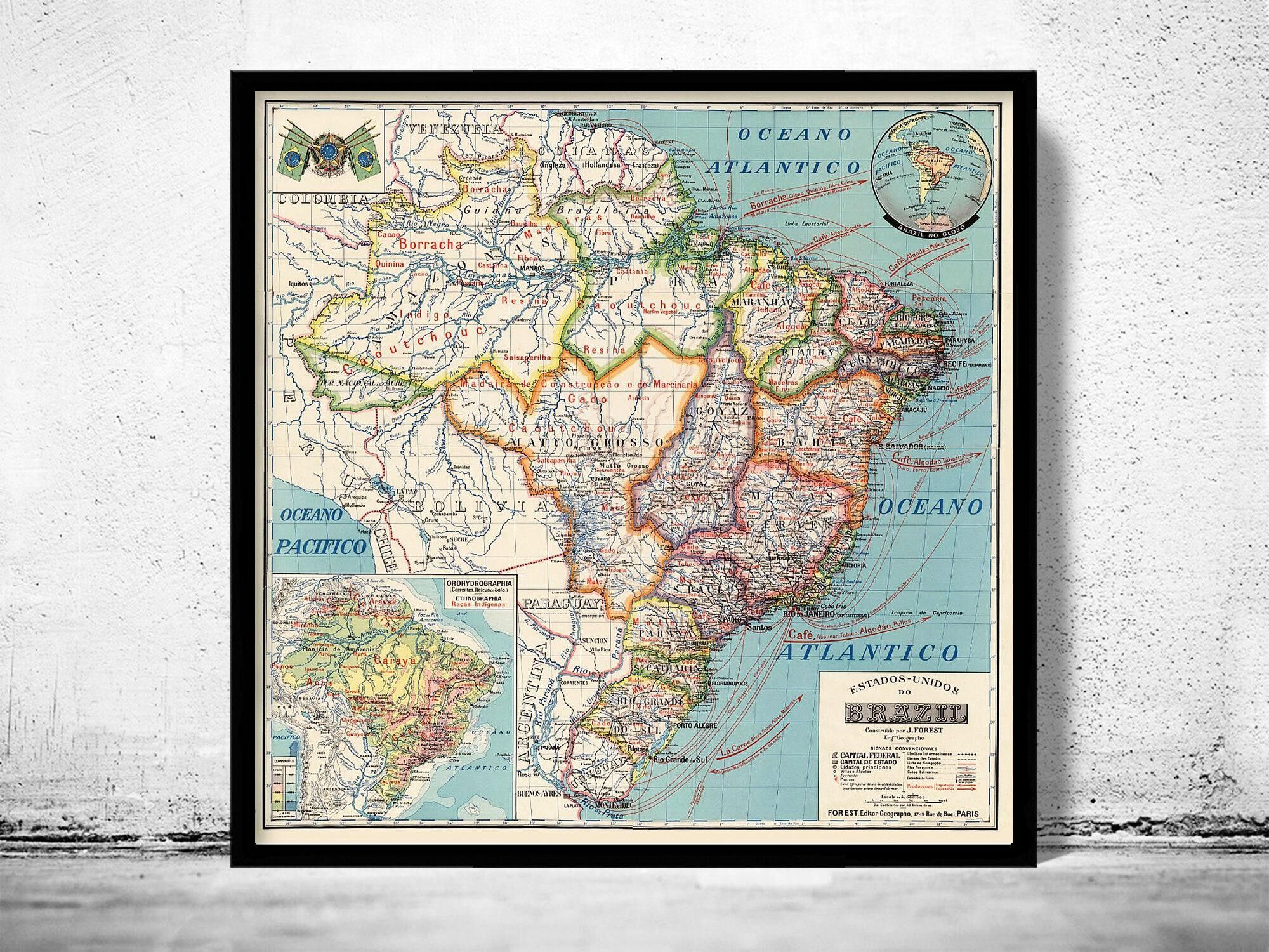 Old Map Brasil 1929 Mapa do Brasil Vintage Map | Vintage Map Wall Art Print