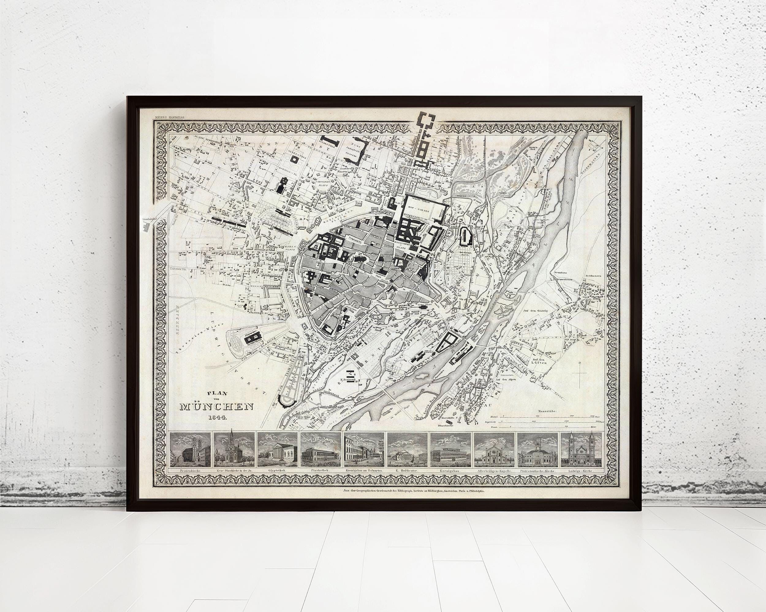 Vecchia mappa di Monaco di Baviera con incisioni, Germania, 1844, vintage | Stampa artistica da parete con mappa d'epoca | Stampa di mappa di grandi dimensioni