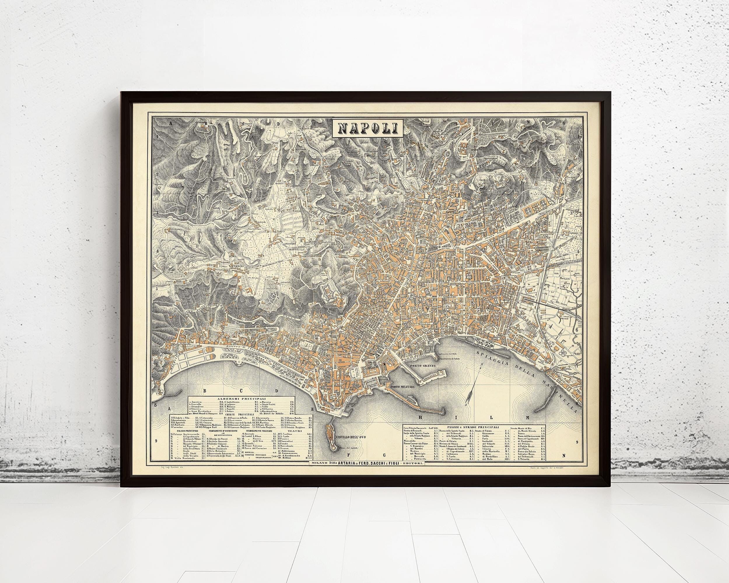 Vecchia mappa di Napoli, Italia, 1880, mappa vintage di Napoli | Stampa artistica da parete con mappa vintage