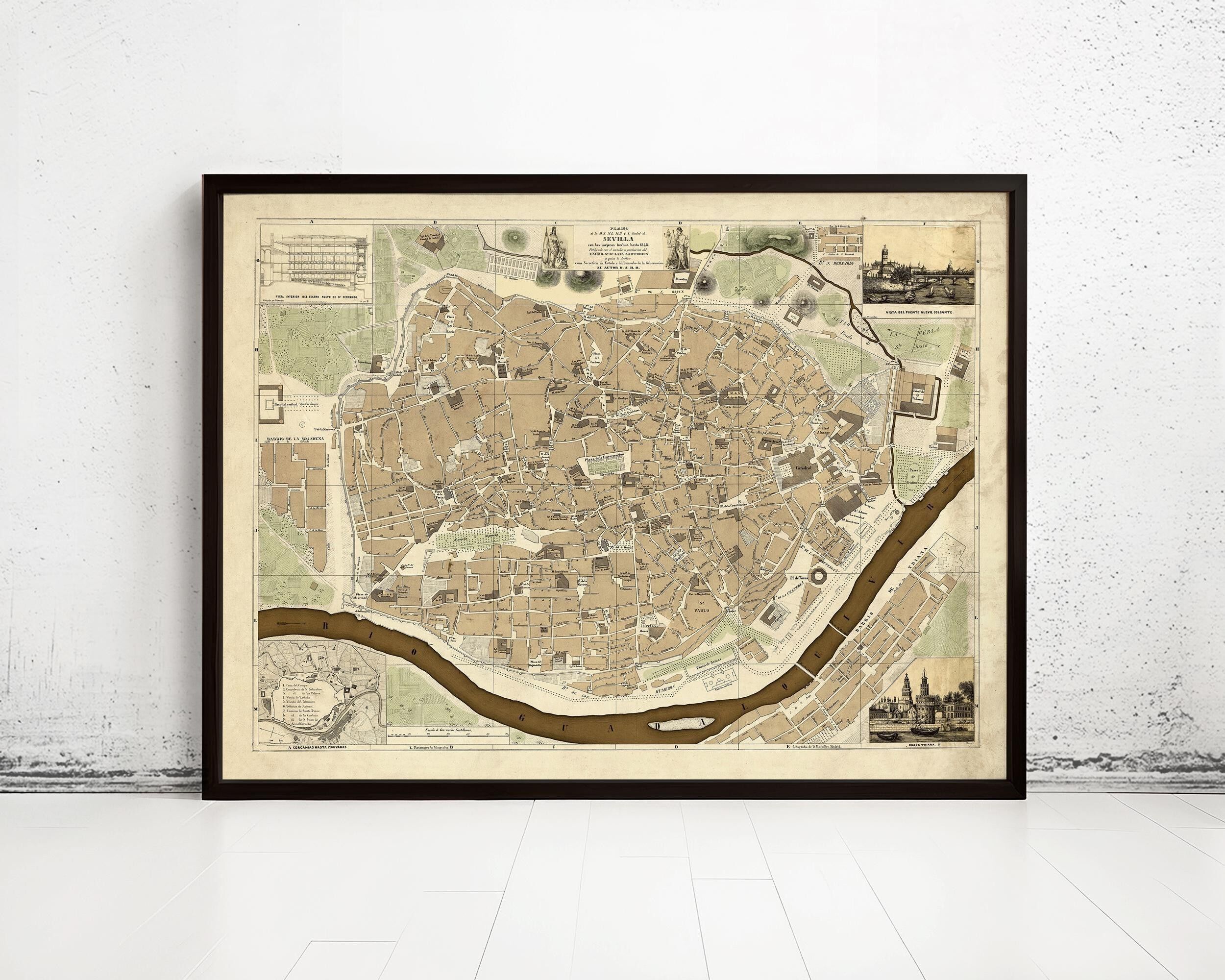 Vecchia mappa di Siviglia, Spagna, 1848, mappa vintage | Stampa artistica da parete con mappa vintage