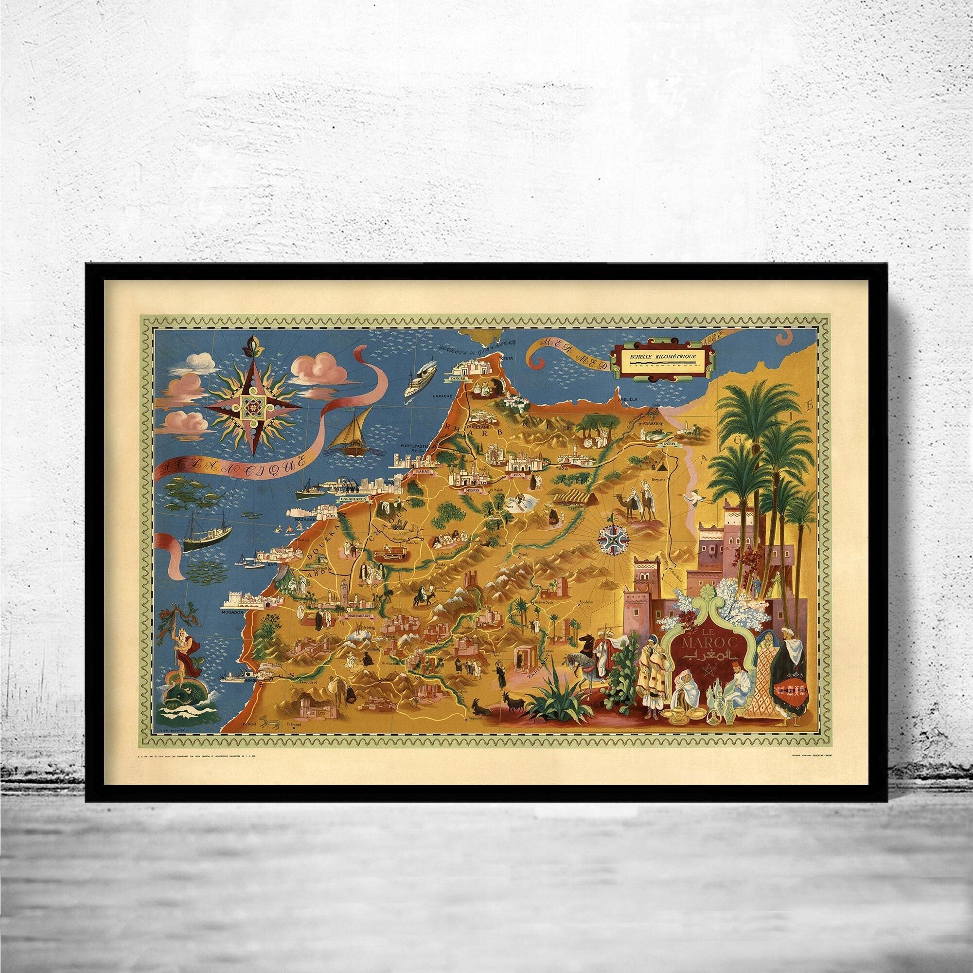 Vecchia mappa del Marocco Le Maroc Mappa vintage | Stampa artistica da parete con mappa vintage