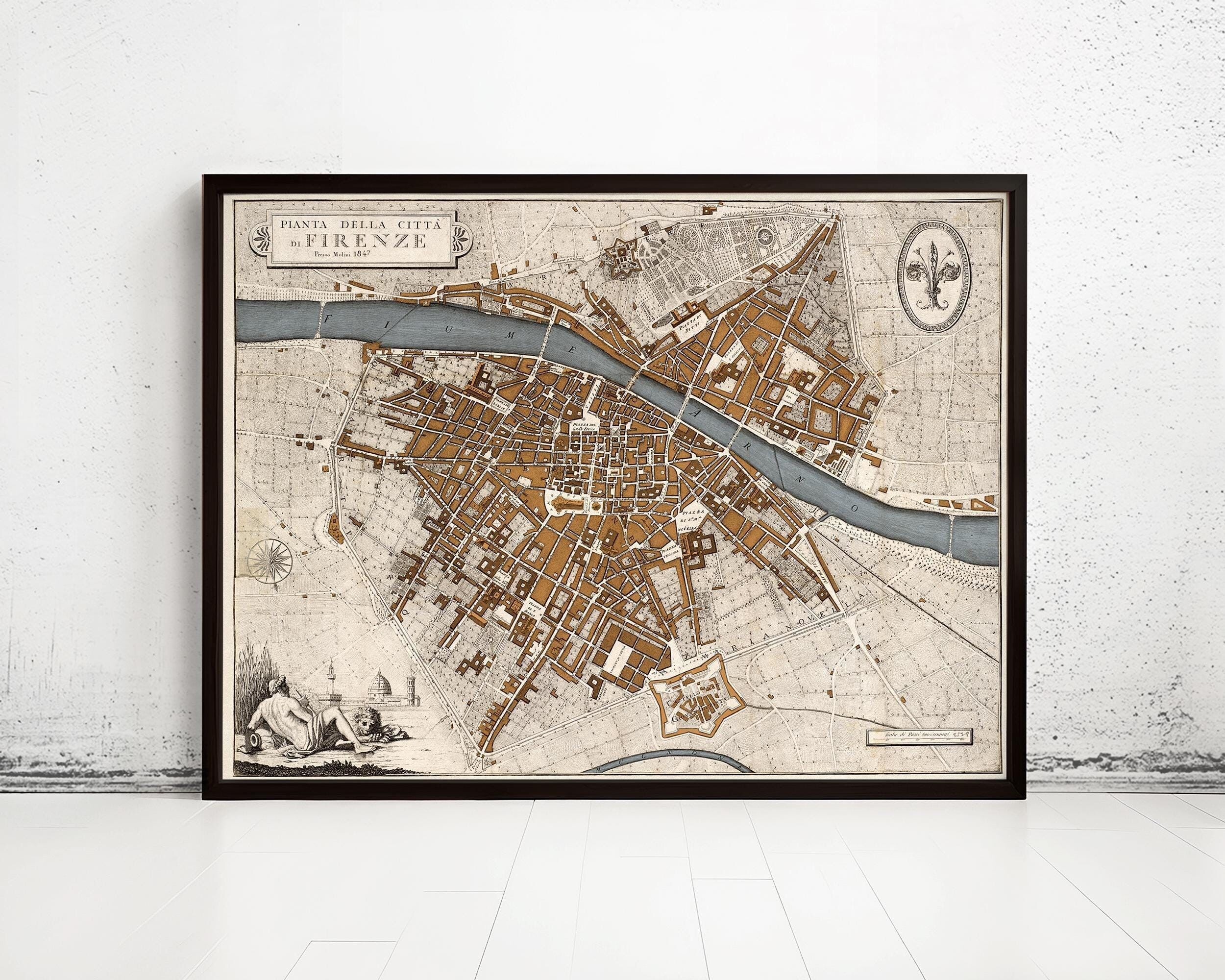 Antica mappa di Firenze, Firenze 1847 | Stampa artistica da parete con mappa d'epoca