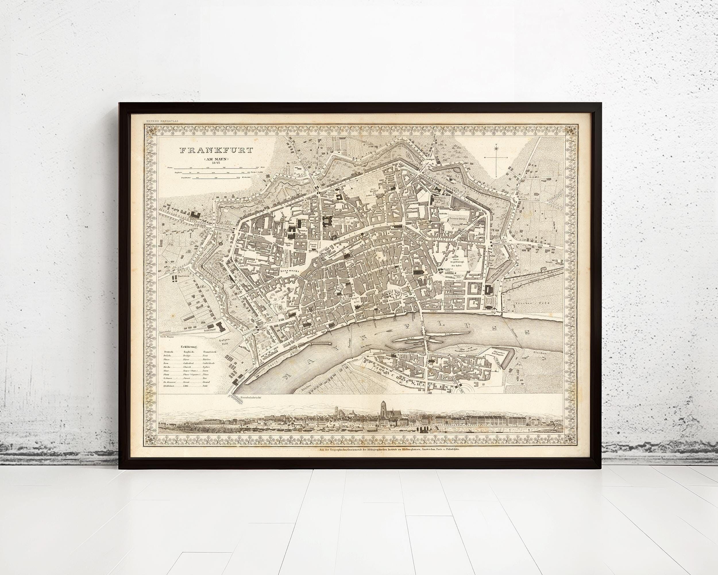 Vecchia mappa di Francoforte, Germania, 1845, mappa vintage | Stampa artistica da parete con mappa vintage