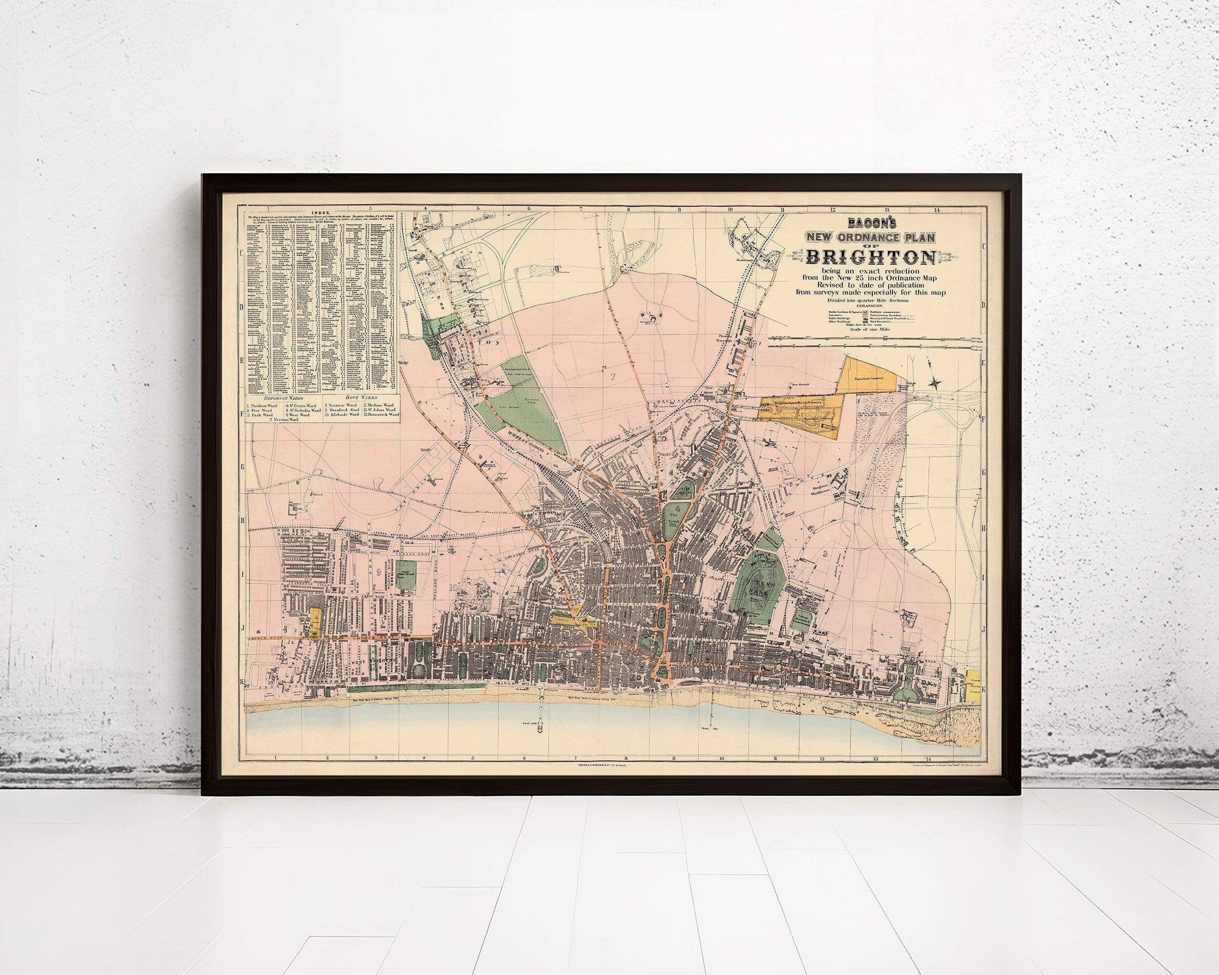 Mappa di Brighton, Inghilterra, Regno Unito, 1890 | Mappa d'epoca | Stampa artistica da parete con mappa d'epoca