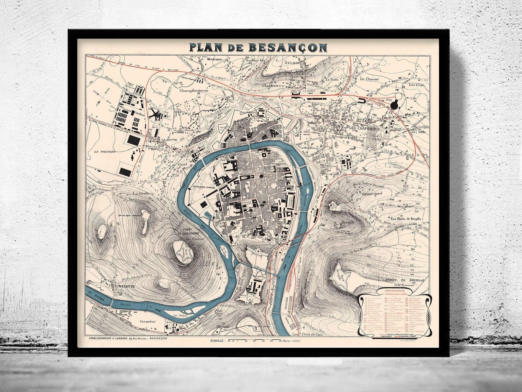 Vecchia mappa di Besançon, Francia, 1895, mappa vintage | Stampa artistica da parete con mappa vintage