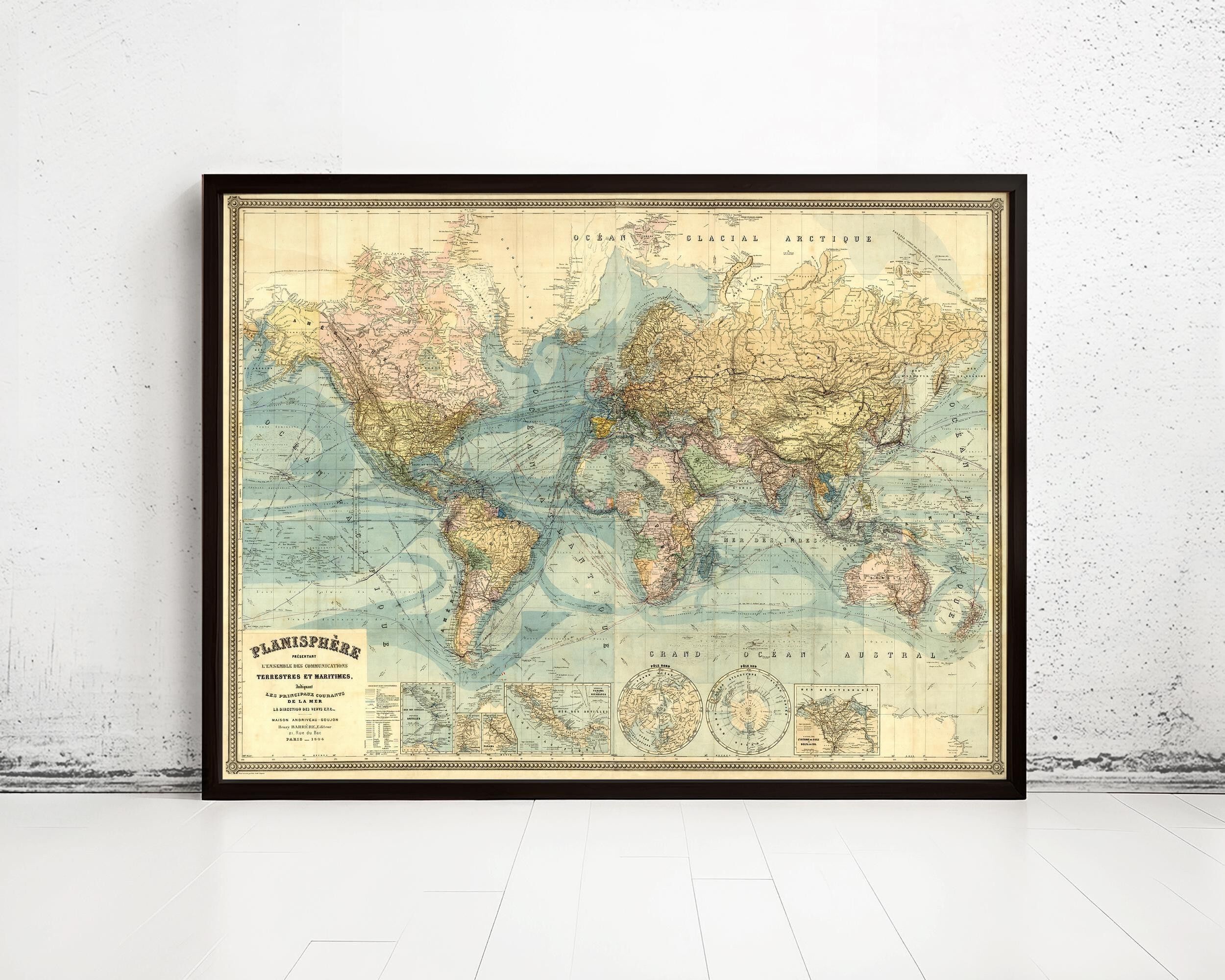 Mappa del mondo antico Atlante 1904 Edizione francese Mappa del mondo da parete | Mappa del mondo in regalo Stampa della mappa del mondo | Mappa del mondo d'epoca | Mappa del mondo da parete