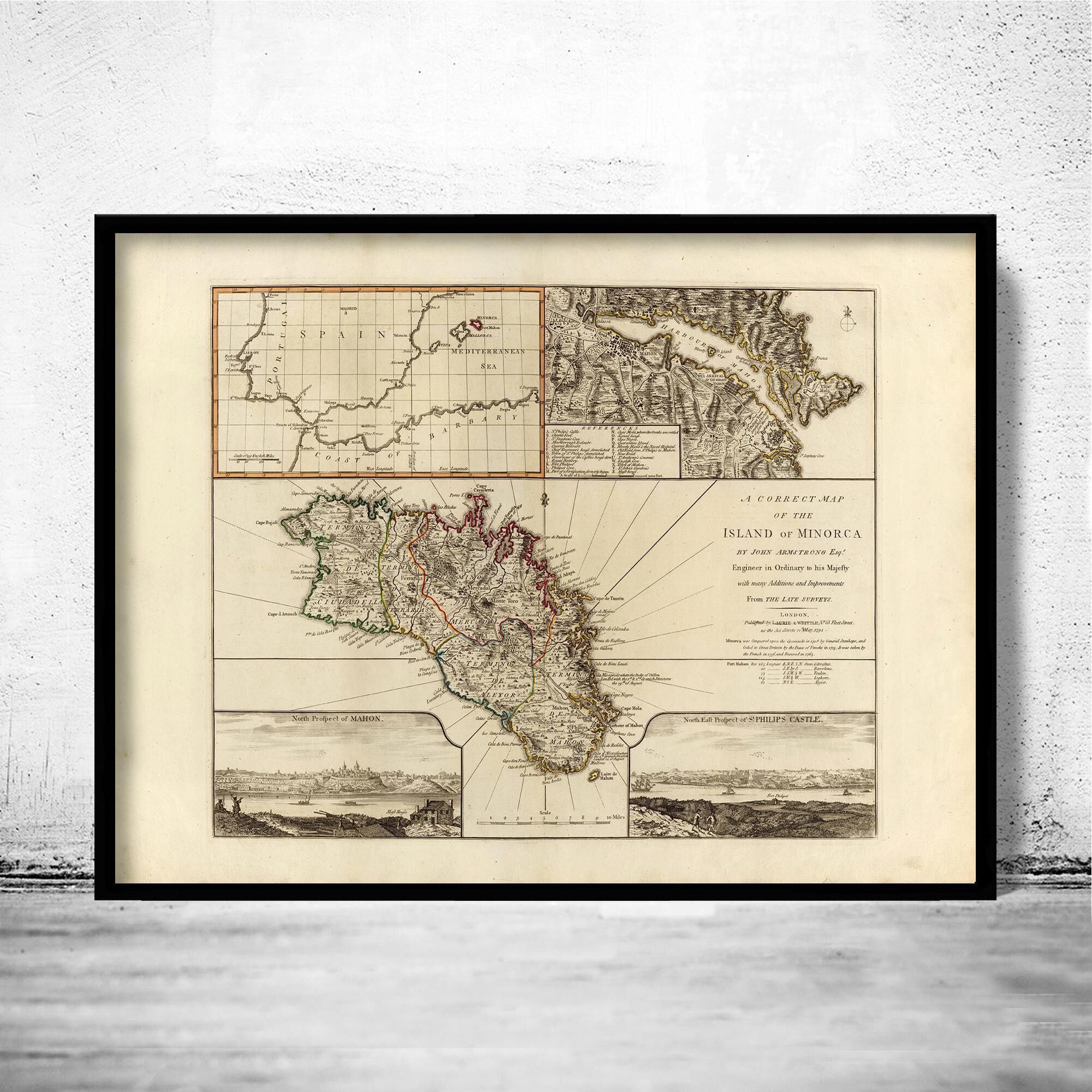 Vecchia mappa dell'isola di Minorca, Spagna, 1794 | Stampa artistica da parete con mappa d'epoca