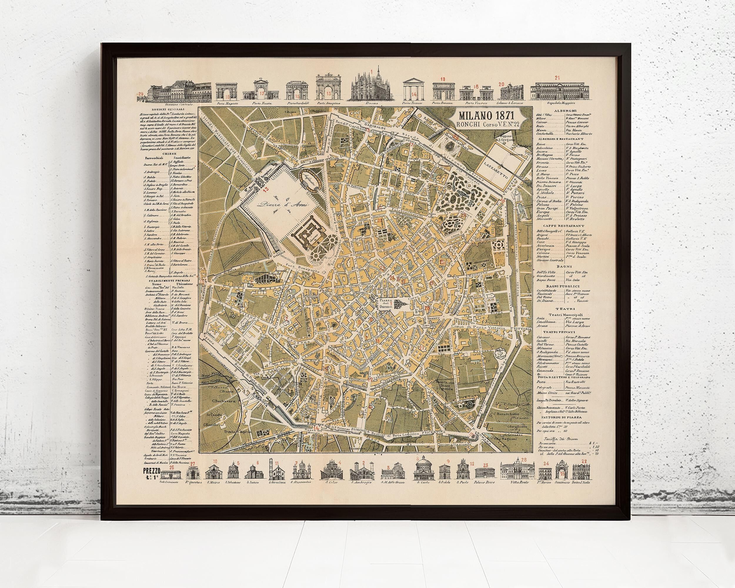Vecchia mappa di Milano, Milano 1871, Italia | Stampa artistica da parete con mappa d'epoca