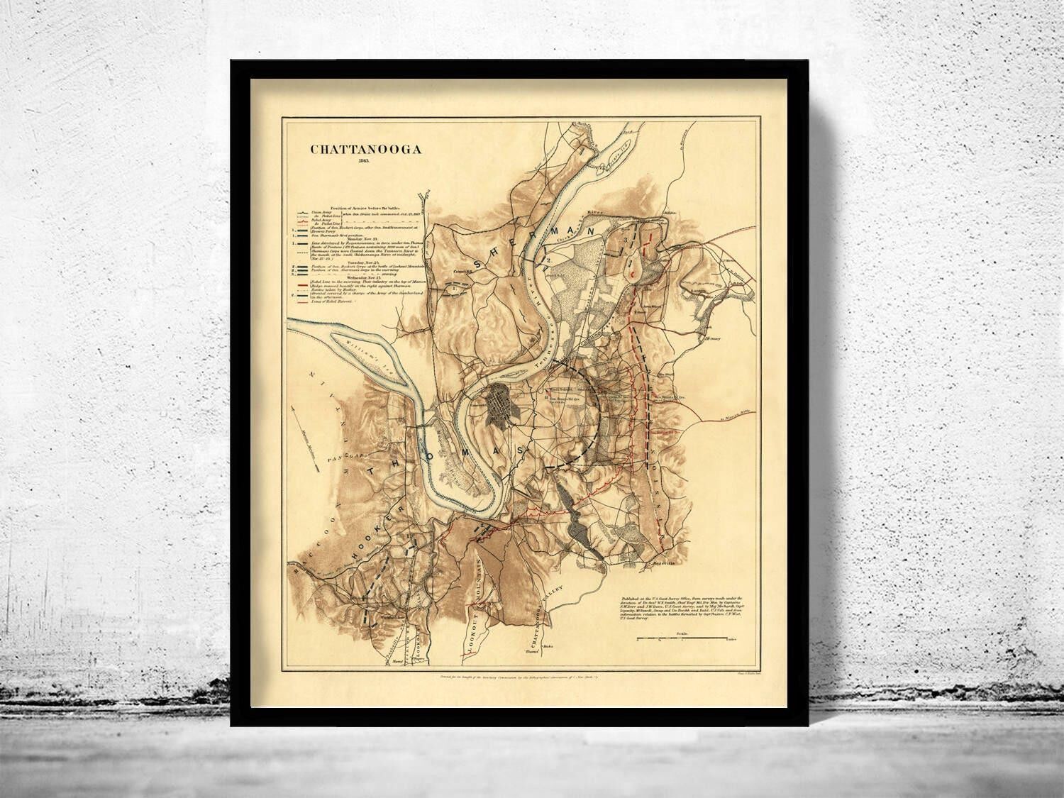 Vecchia mappa di Chattanooga, Tennessee, 1863 | Stampa artistica da parete con mappa d'epoca