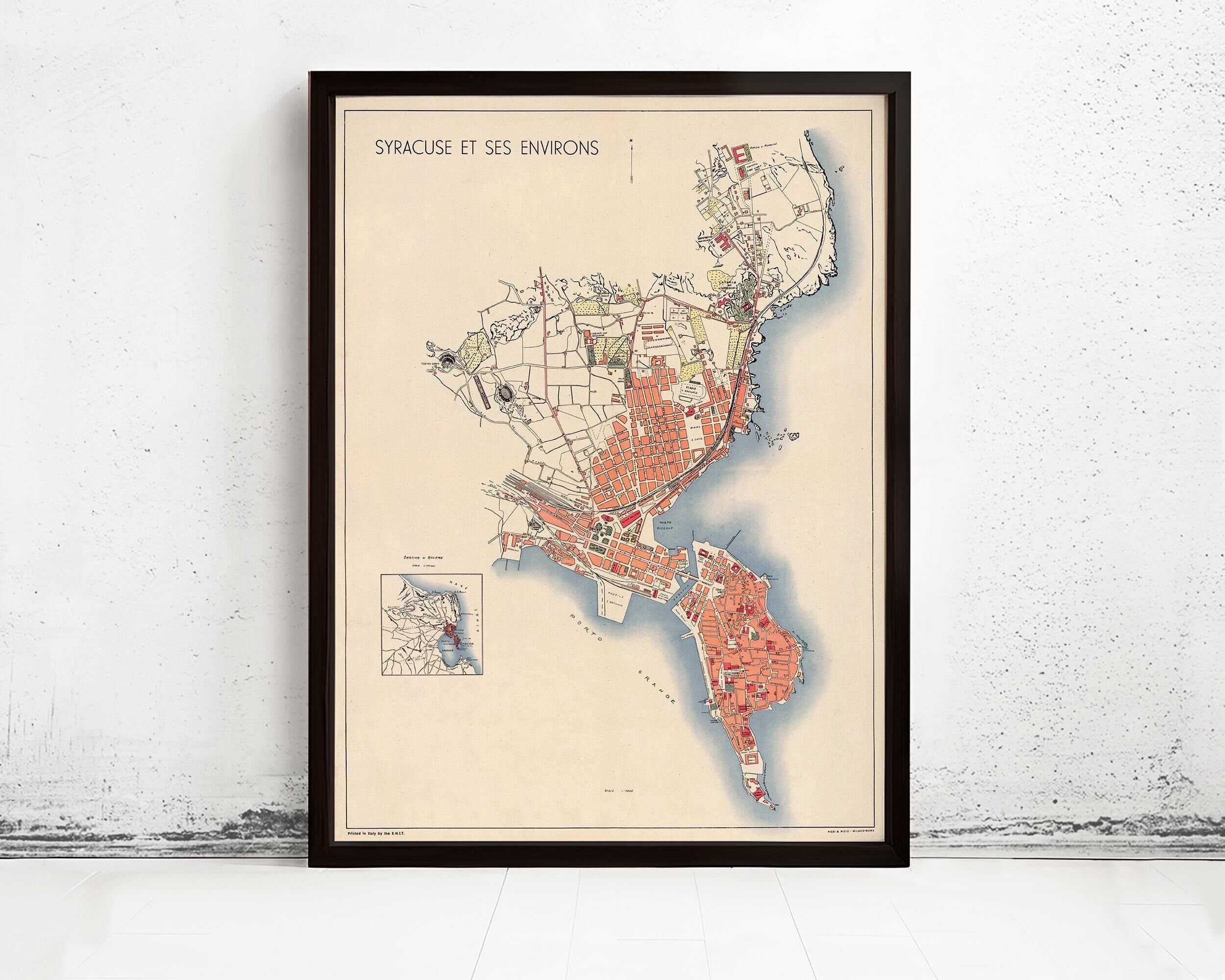 Vecchia mappa di Siracusa, Sicilia, Italia, 1930 | Mappa vintage di Siracusa | Stampa artistica da parete con mappa vintage