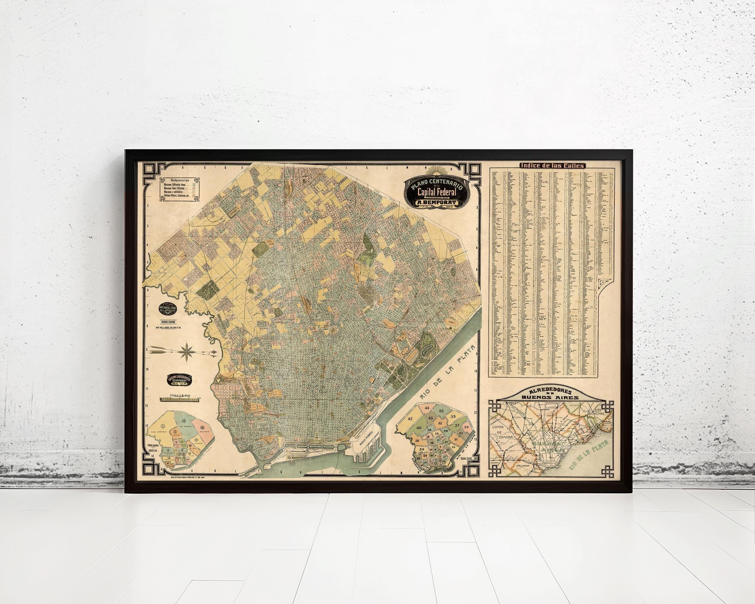 Vecchia mappa di Buenos Aires, Argentina, 1920. Mappa d'epoca di Buenos Aires | Stampa artistica da parete con mappa d'epoca.