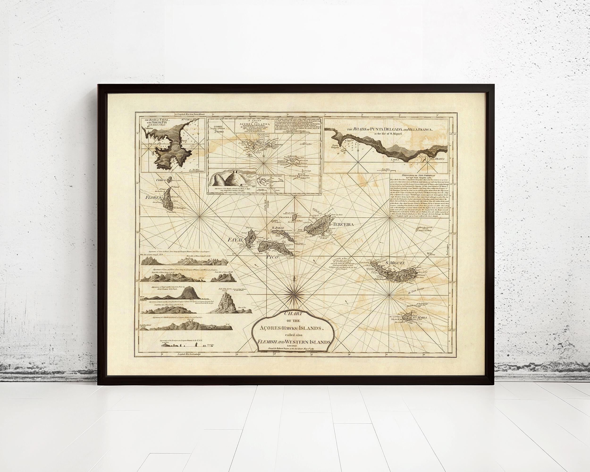 Vecchia mappa delle Azzorre, Isole Azzorre, 1787, mappa portoghese delle Azzorre | Stampa artistica da parete con mappa d'epoca
