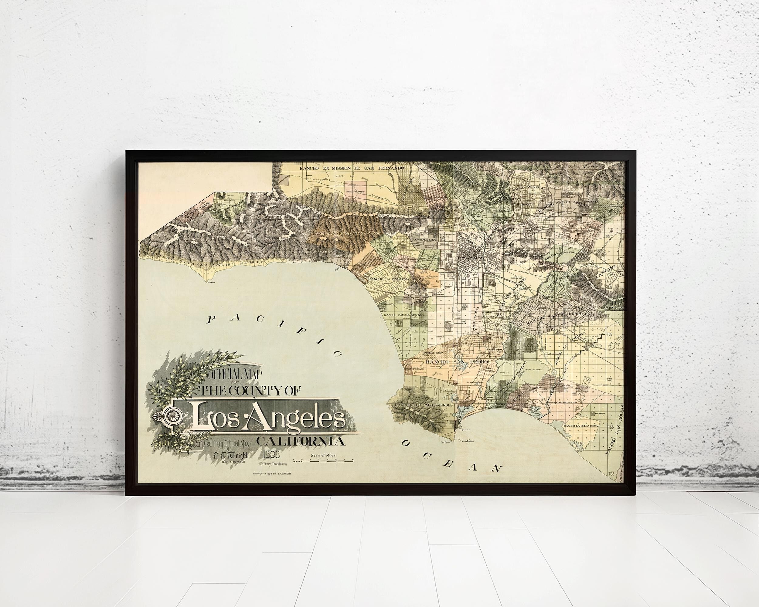 Vecchia mappa di Los Angeles, mappa vintage del 1898 | Stampa artistica da parete con mappa vintage