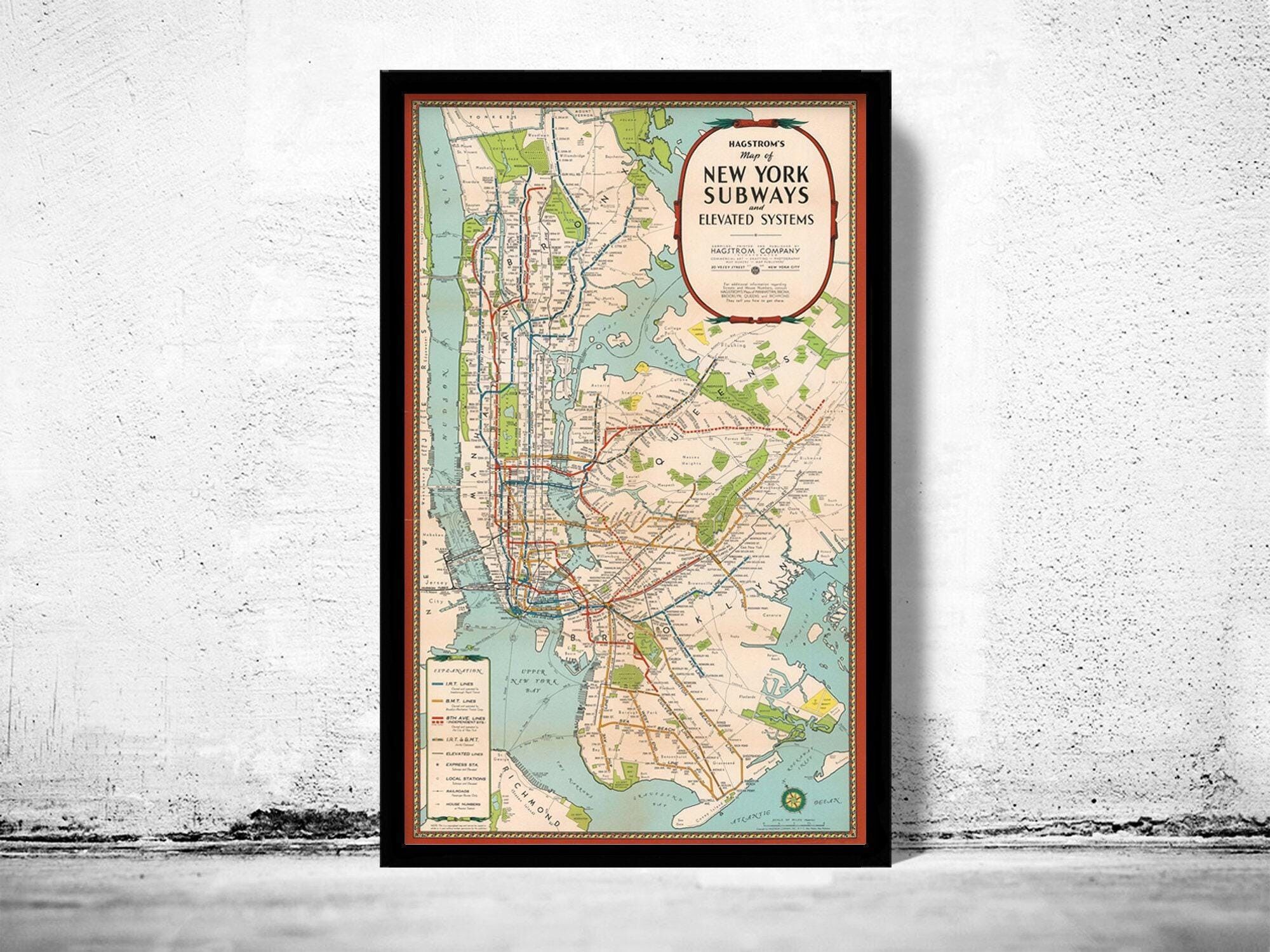 Vecchia mappa della metropolitana di New York del 1939 | Mappa della metropolitana di New York, mappa vintage | Stampa artistica da parete con mappa vintage