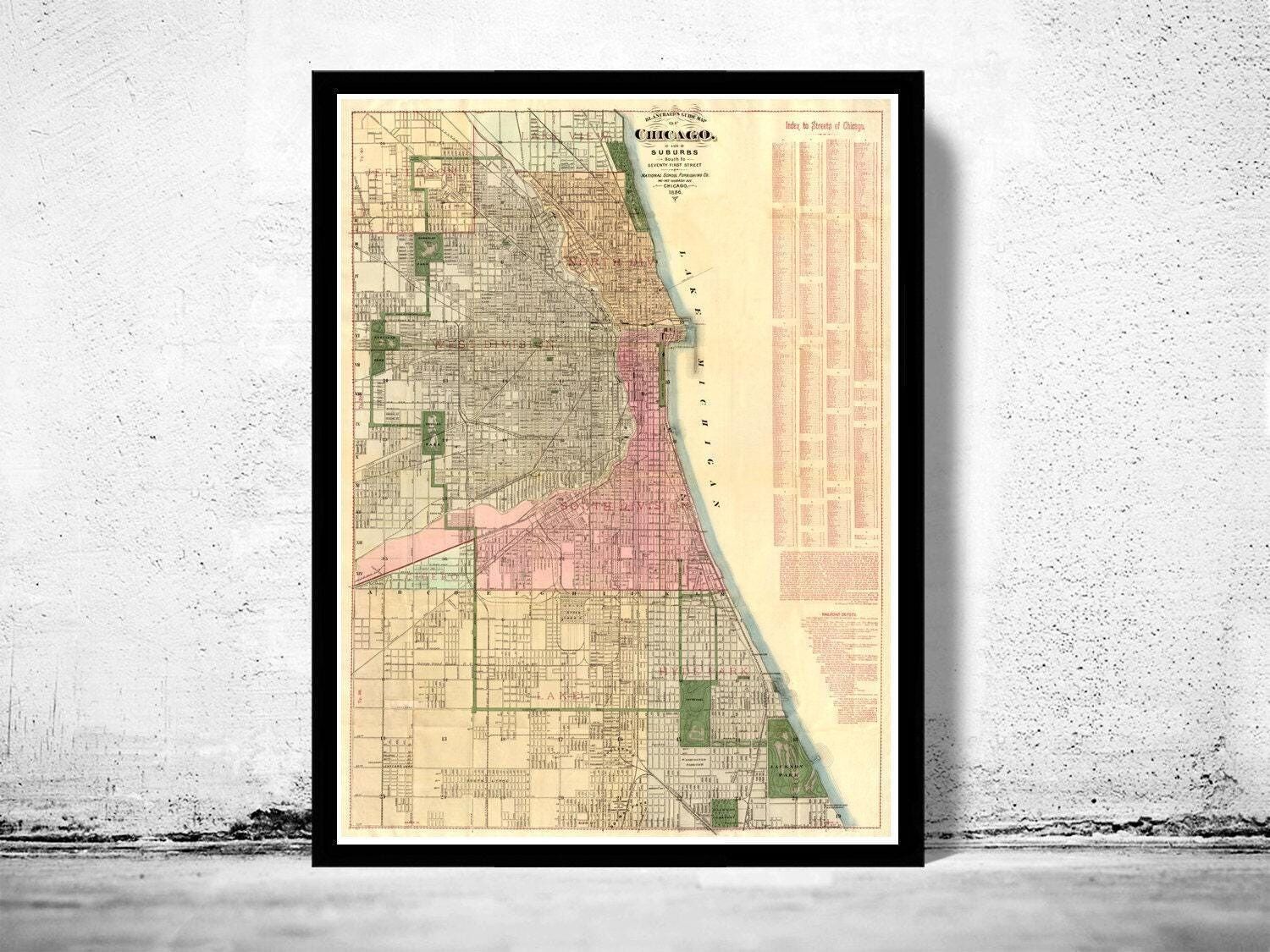 Vecchia mappa d'epoca di Chicago del 1886 | Stampa artistica da parete con mappa d'epoca
