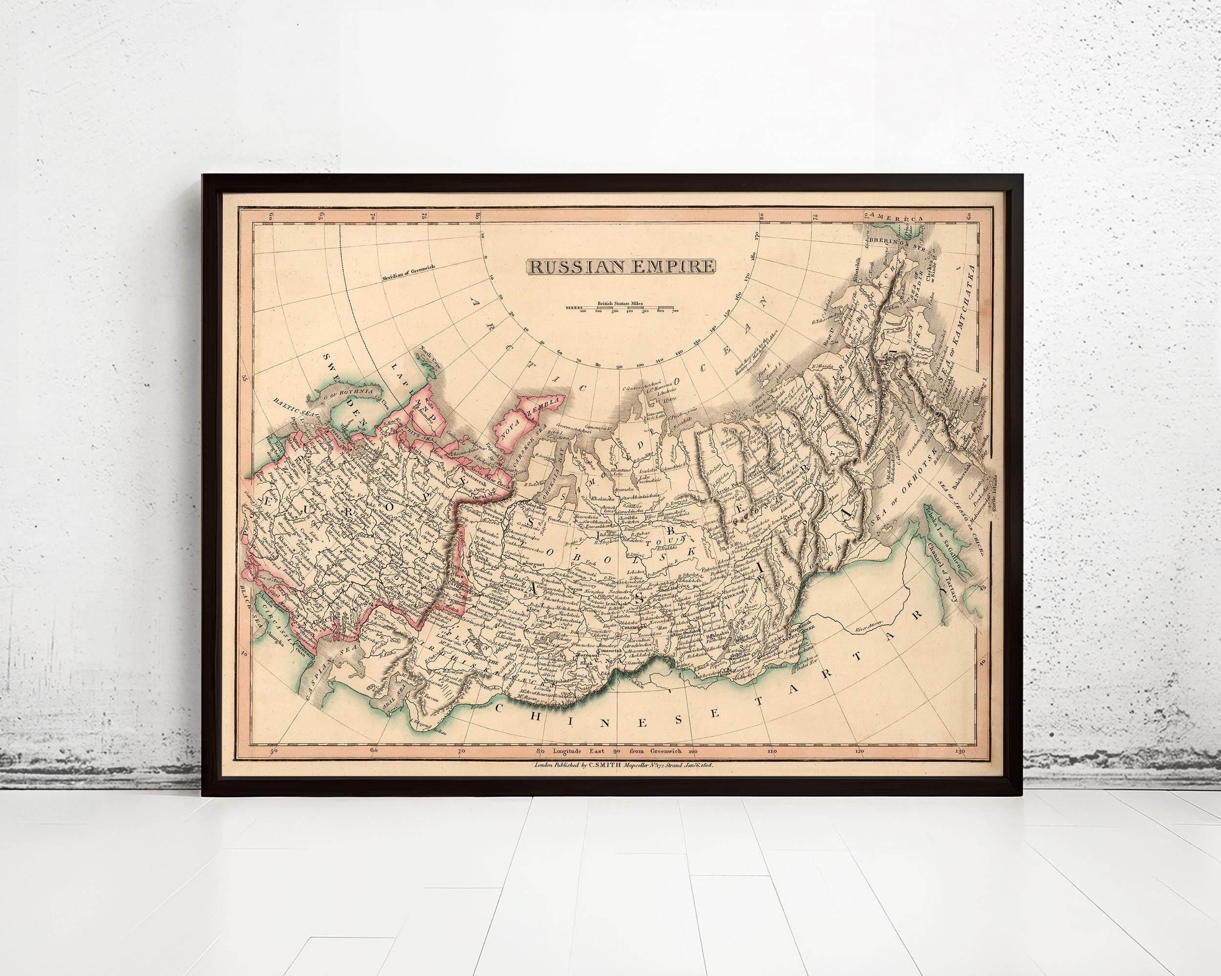 Vecchia mappa della Russia, Impero russo, 1808 | Stampa artistica da parete con mappa d'epoca