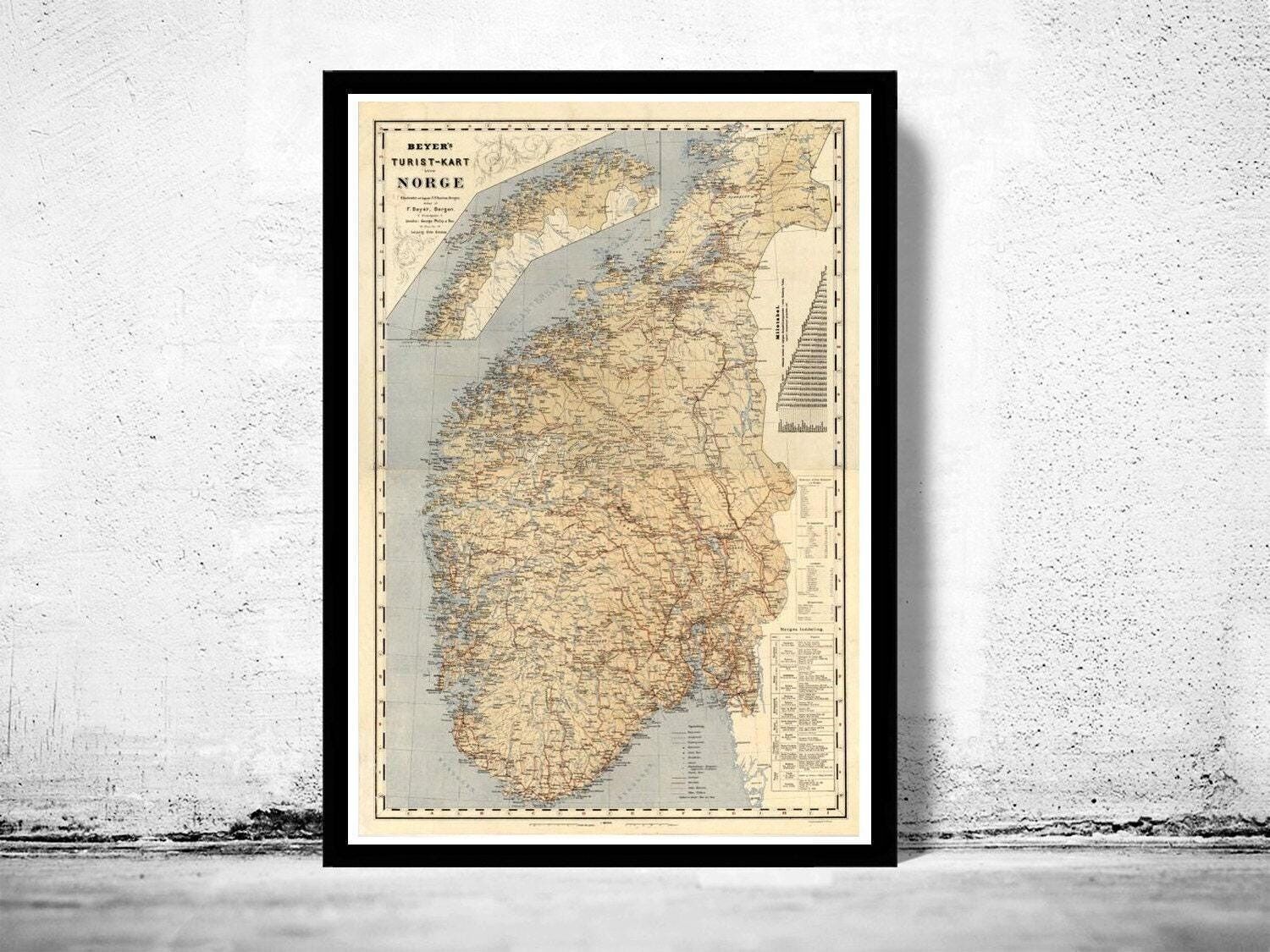 Vecchia mappa della Norvegia, mappa vintage del 1889 | Stampa artistica da parete con mappa vintage