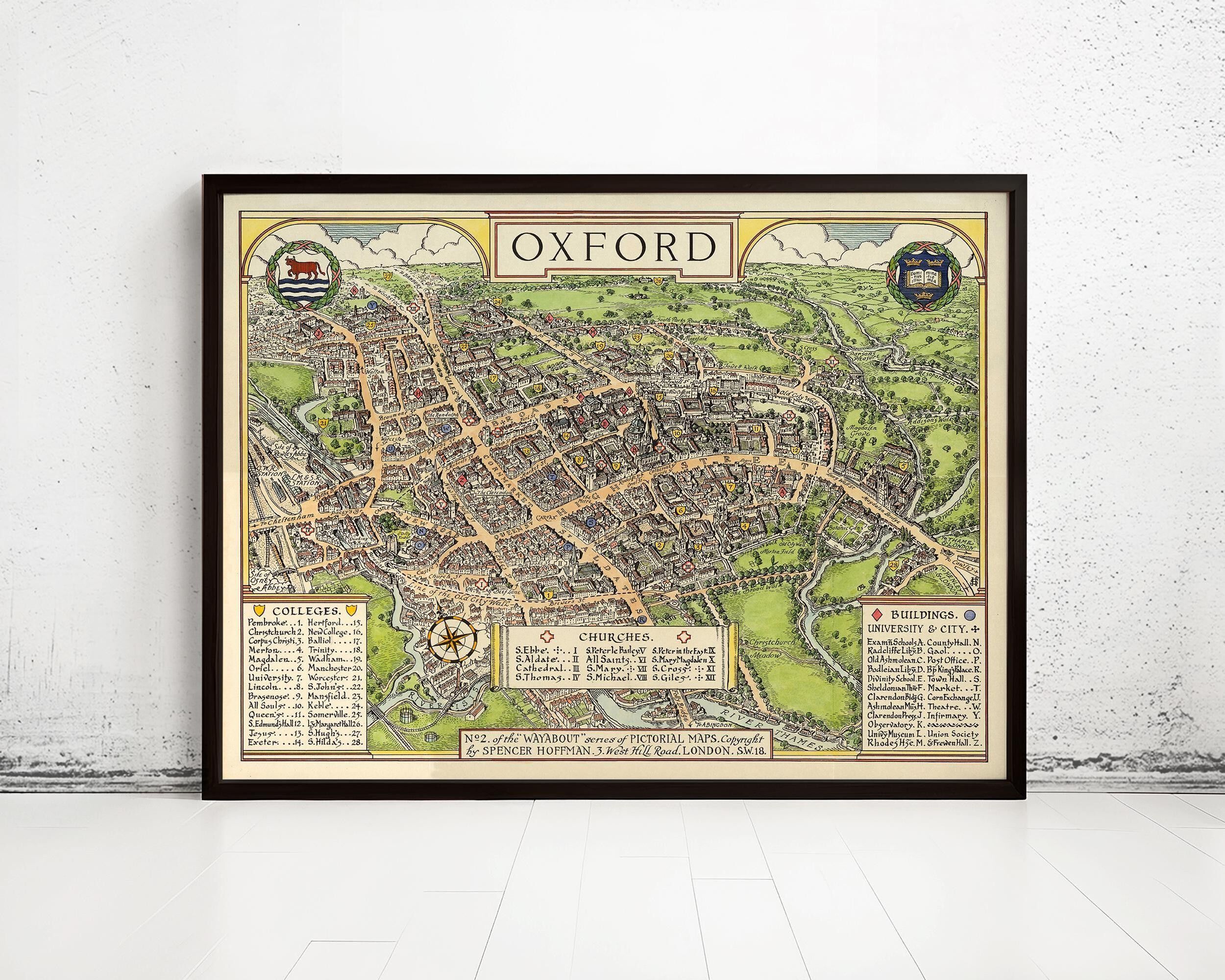 Vecchia mappa di Oxford, Inghilterra, 1936, mappa vintage | Stampa artistica da parete con mappa vintage