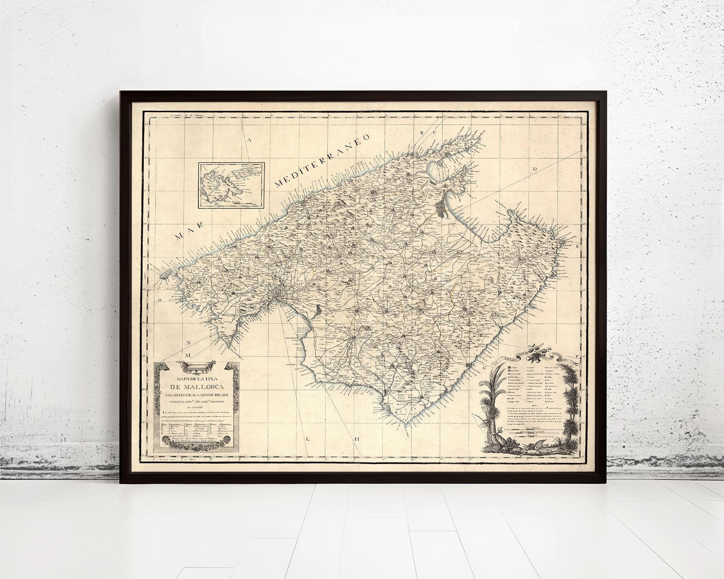 Vecchia mappa di Maiorca, Maiorca, mappa vintage del 1814 | Stampa artistica da parete con mappa vintage