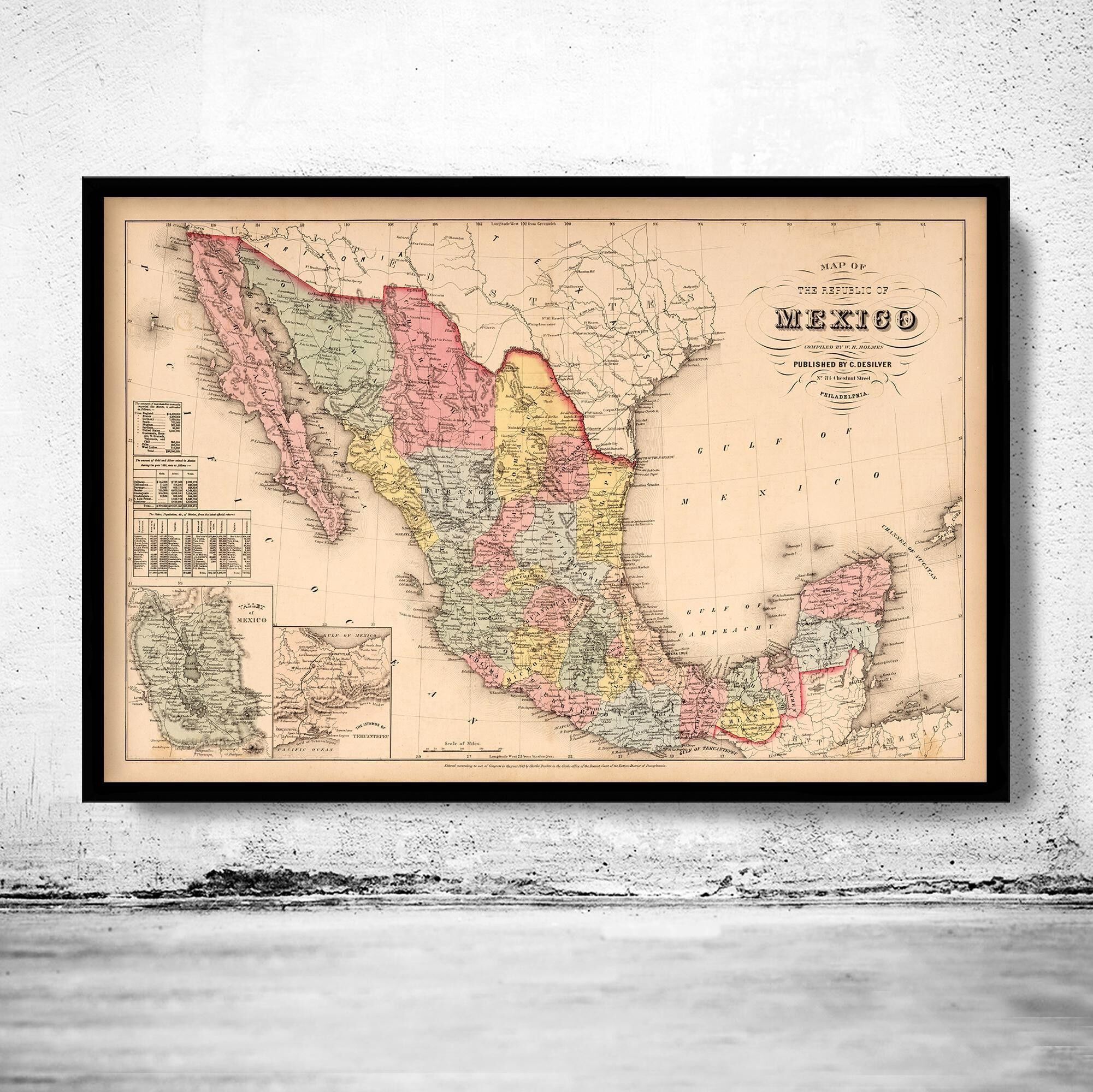 Vecchia mappa del Messico 1859 | Stampa artistica da parete con mappa d'epoca